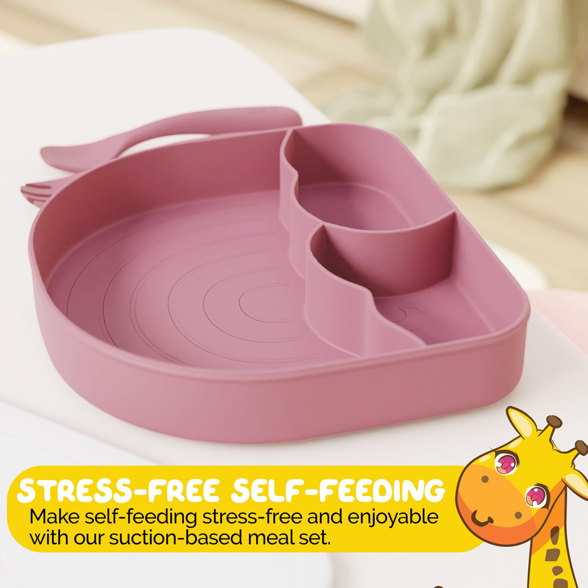 Muqee Peeko - Suministros de destete LED para bebé para bebés en color rosa para niñas con bebé, artículos imprescindibles como platos de bebé con succión y utensilios para niños pequeños, (juego de 3