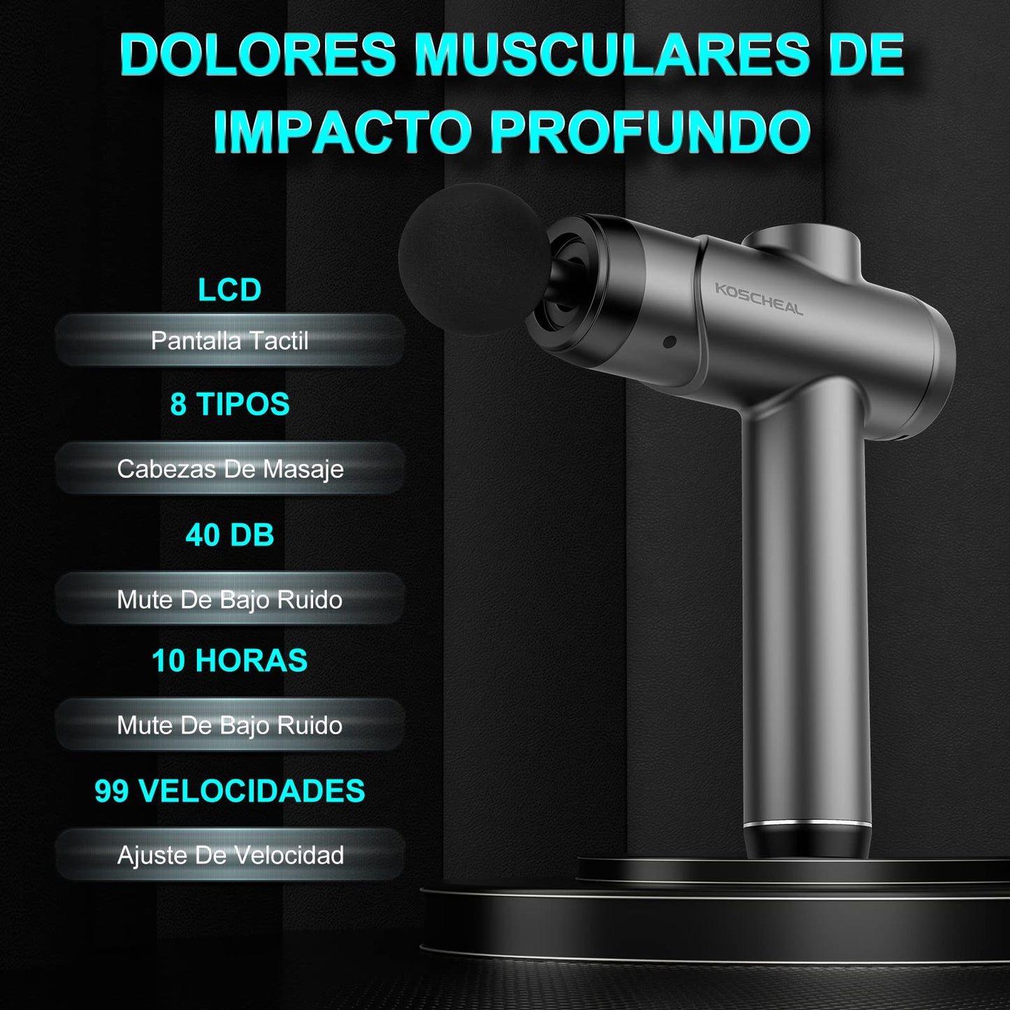 KOSCHEAL Pistola de Masaje, Súper Potencia Masajeador de Muscular Profesional 99 Velocidades Ajustables y 8 Cabezales Tecnología de Carga Rápida para Espalda Cuello,Hombro Alivio del Dolor de Tejido Profundo