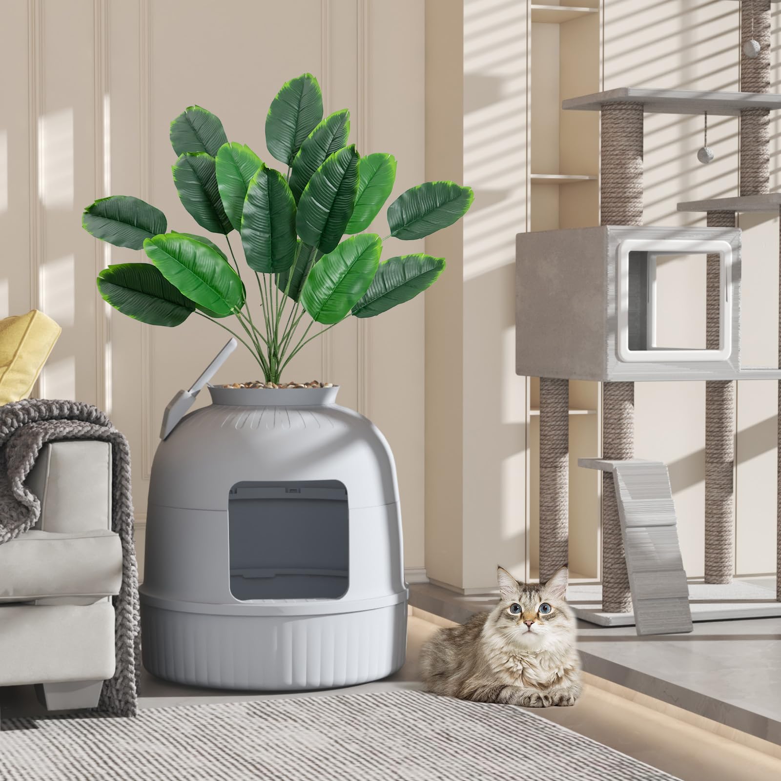 Lifewit Caja de Arena con Planta sintética y Pala para Gatos Grandes, Bandeja de Arena Oculta en Esquina con Control de olores y Filtro de Carbono en salón/Dormitorio/baño, Gris