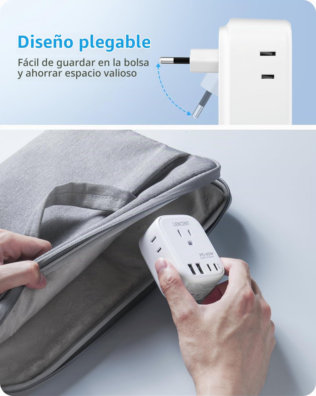 Adaptador de Viaje LENCENT Europeo Tipo C Plegable PD45W 4 Tomas
