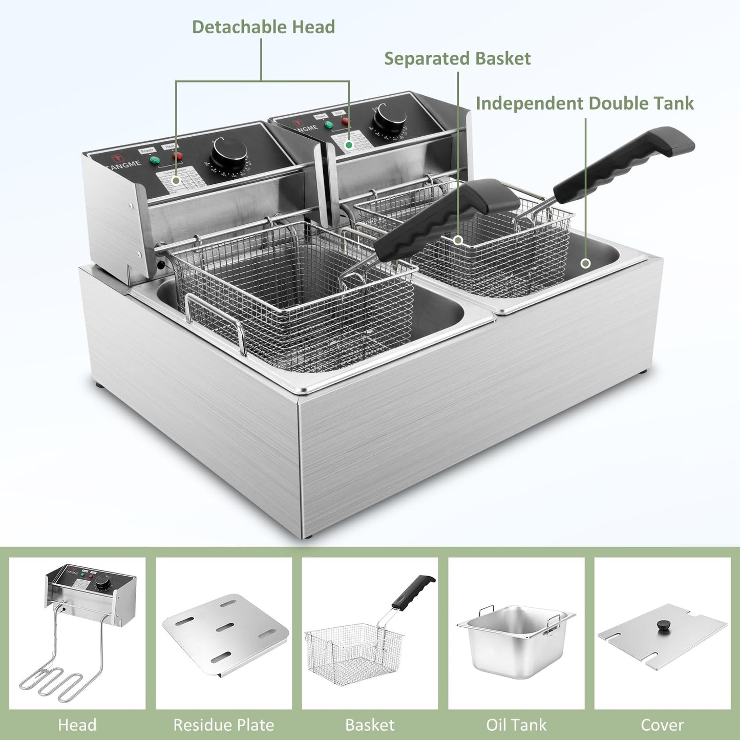 Freidora comercial – Freidora eléctrica de 3400 W con cestas de 2 x 6.35 cuartos de galón de acero inoxidable de 0.6 mm de espesor, 20.7 cuartos de galón de gran capacidad con limitador de temperatura