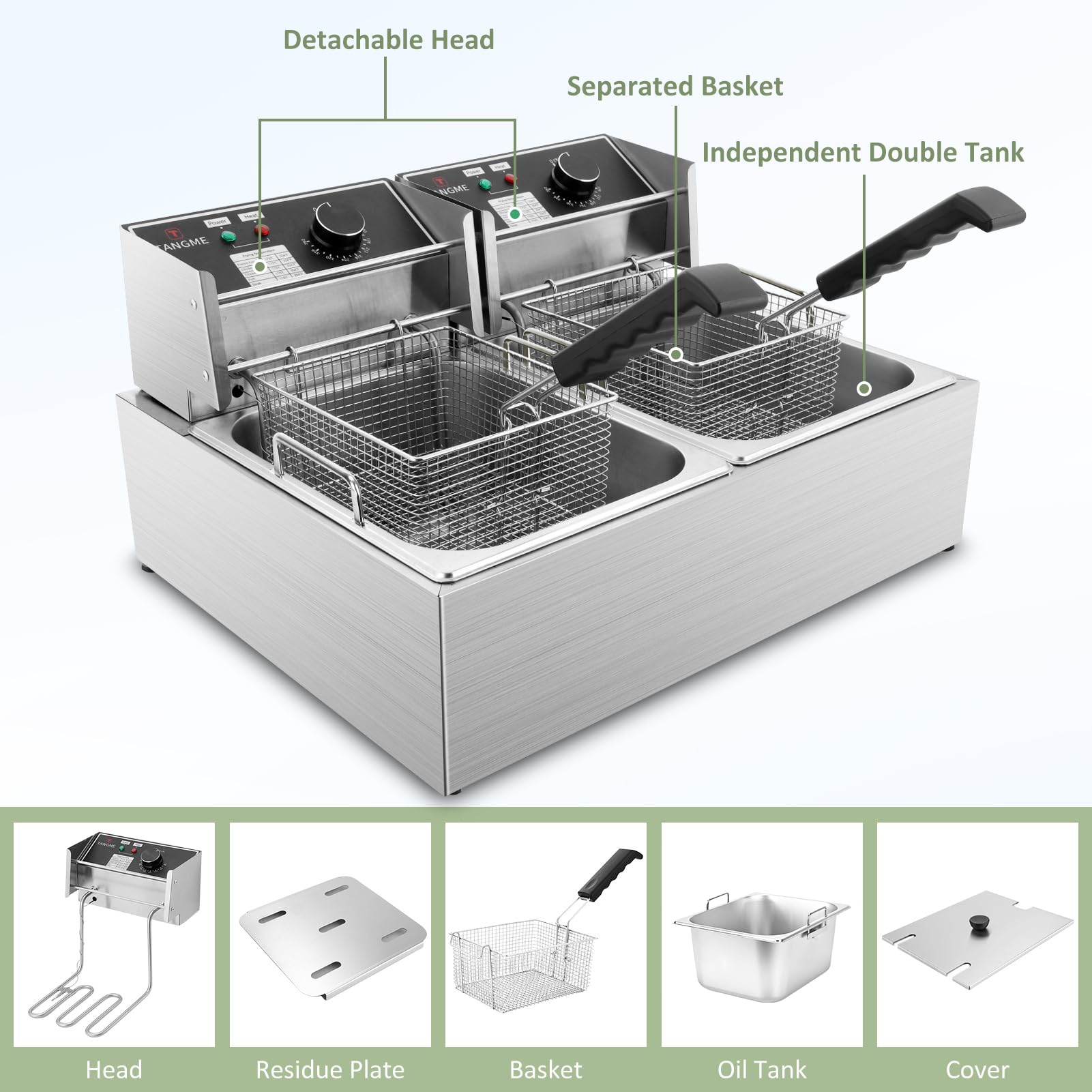 Freidora comercial – Freidora eléctrica de 3400 W con cestas de 2 x 6.35 cuartos de galón de acero inoxidable de 0.6 mm de espesor, 20.7 cuartos de galón de gran capacidad con limitador de temperatura
