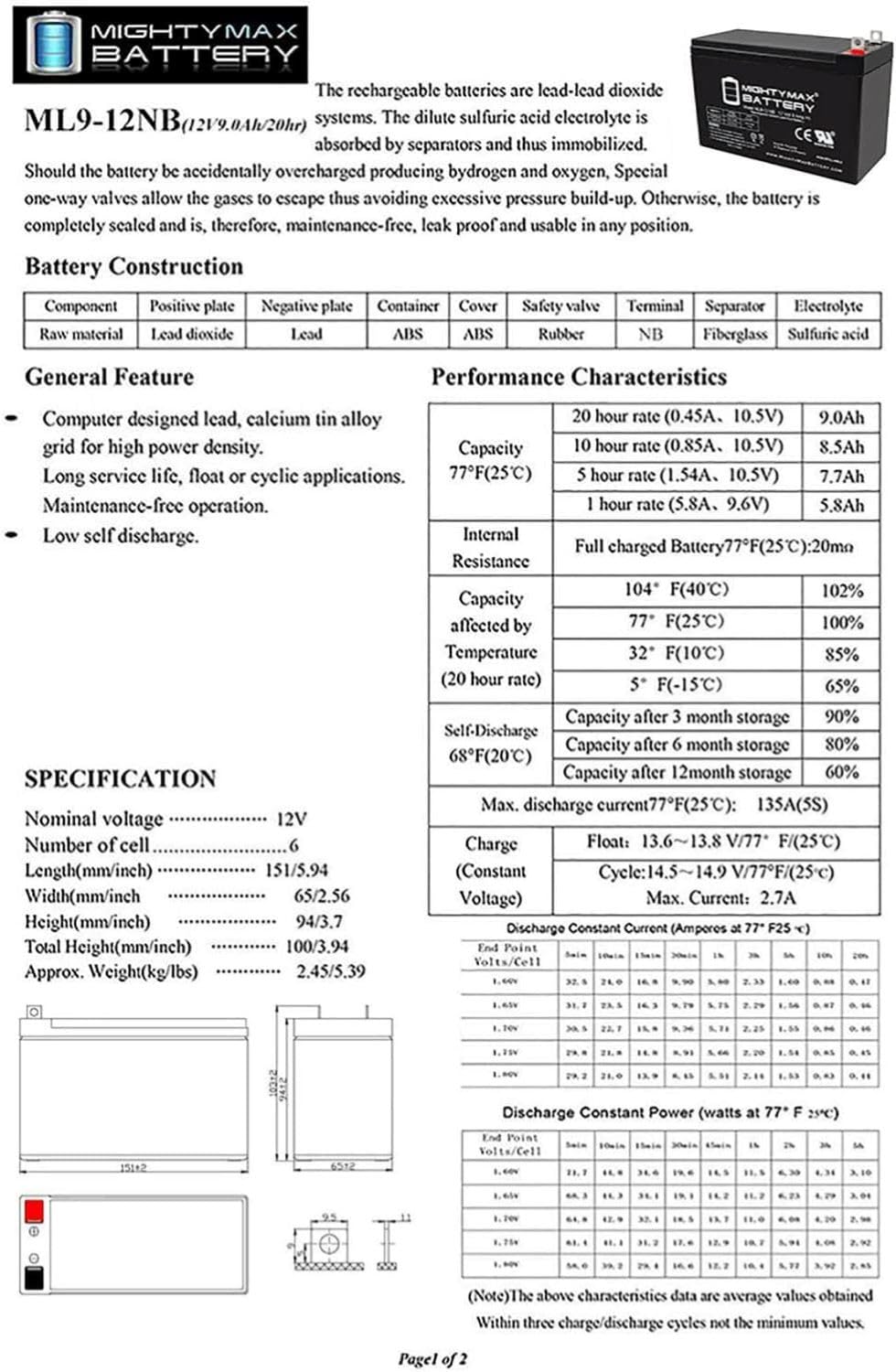 Batería Recargable SLA AGM Mighty Max Battery ML9-12NB 12 V 9 AH Tuerca y Tornillo Terminal