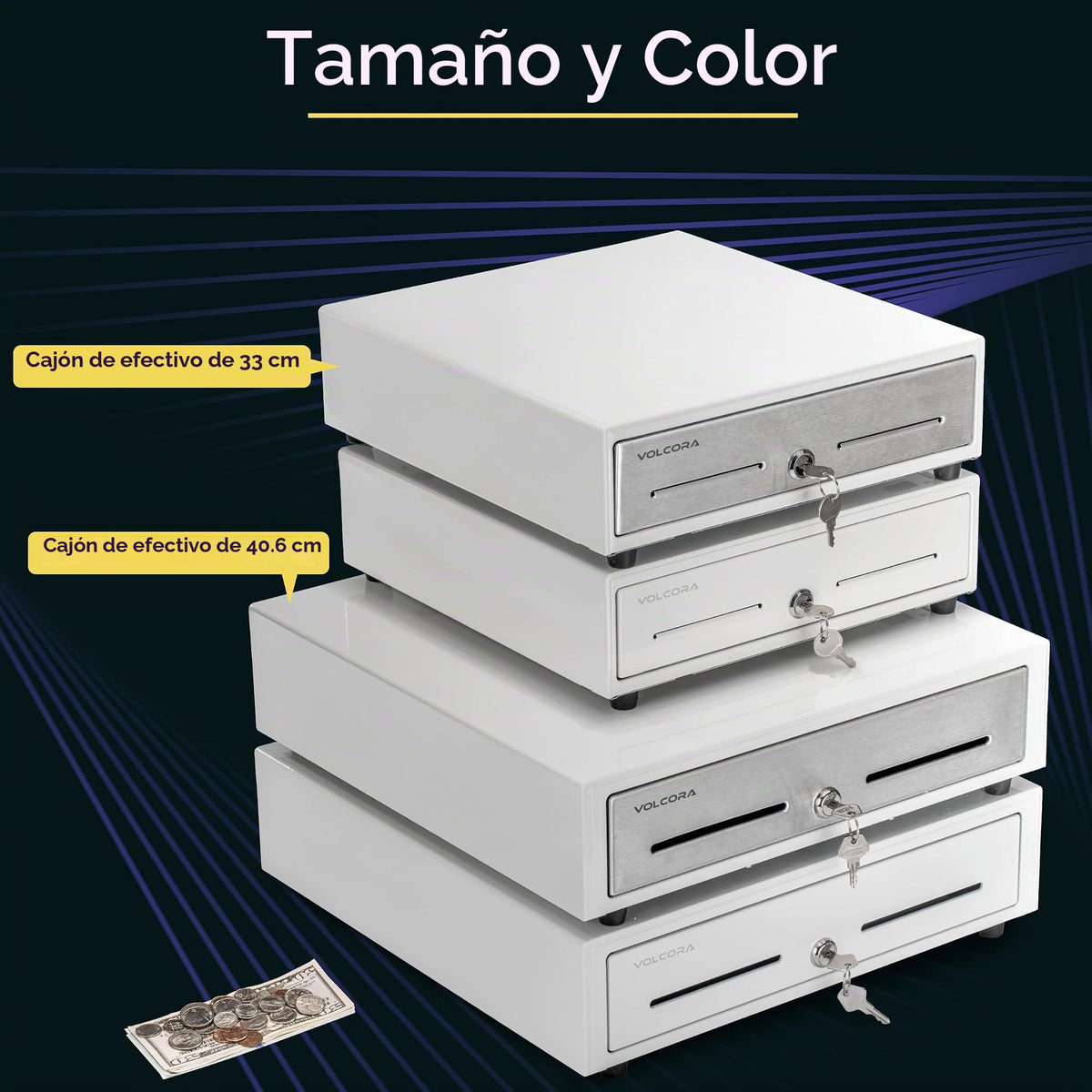 Cajón de Caja Registradora Volcora Negro con Bandeja de Efectivo y Compartimento Extraíble para Sistema POS