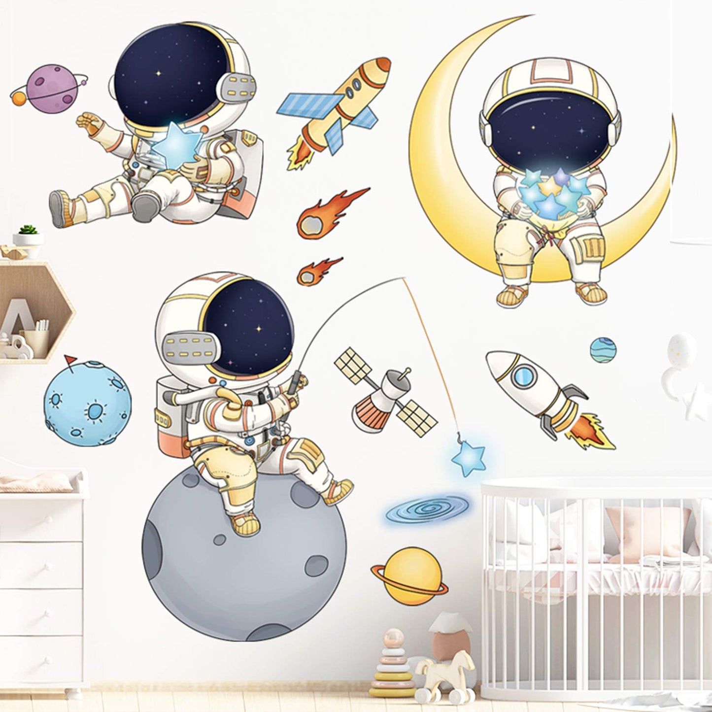 DILIBRA - Calcomanías de pared para recámara de niños, diseño de astronauta, planeta exterior, creativo para bricolaje, vinilo extraíble, estrella espacial UFO Glaxy para habitación de niños,