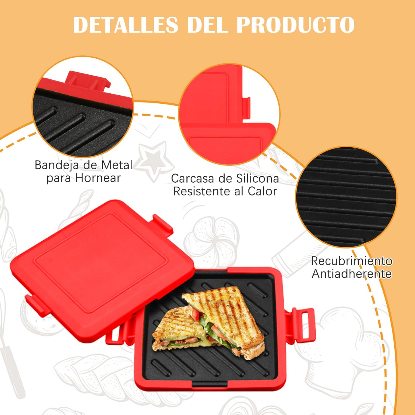 Garqitwan Tostadora para Microondas, Sandwichera Tostada para Microondas, Gofrera Multifunción Antiadherente con Correas de Silicona Ajustables (Rojo)