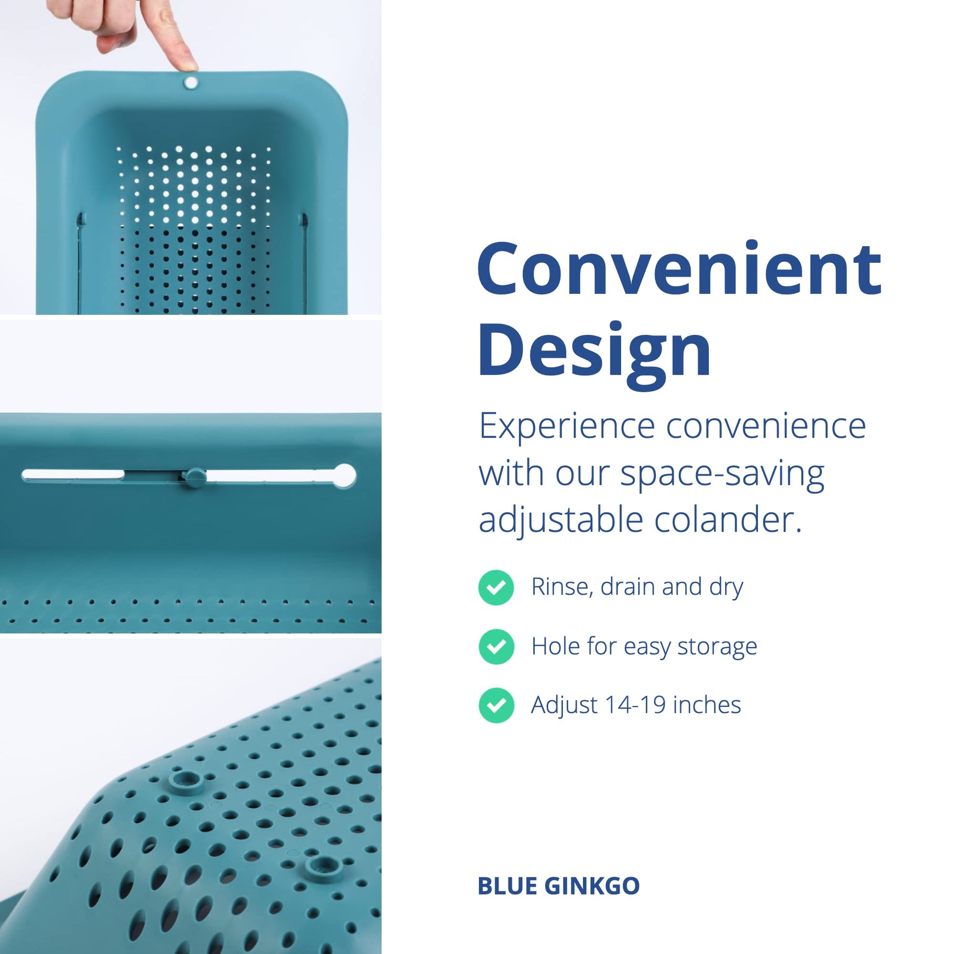 Blue Ginkgo's Ajustable Over the Sink Colander- Premium Extendable Strainer for Kitchen - Food Grade PP, Durable and Sturdy (Green)