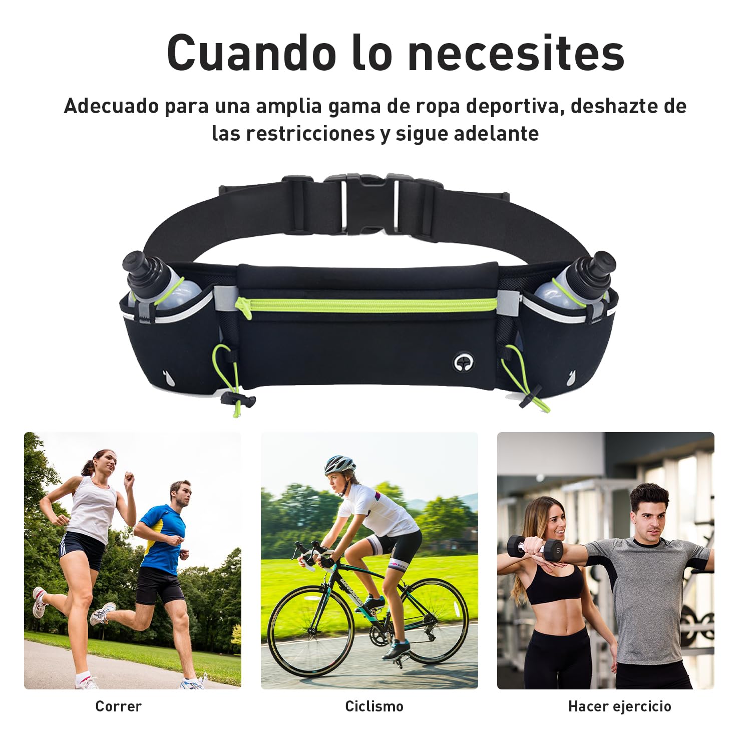 Garselay Cangurera Deportiva, Riñonera Deportiva con 2 Botellas de Agua, Cinturón Hidratación Running Reflectante con Orificio para Auriculares, Bolsa para Correr, Ciclismo, Gimnasio, Senderismo-Verde