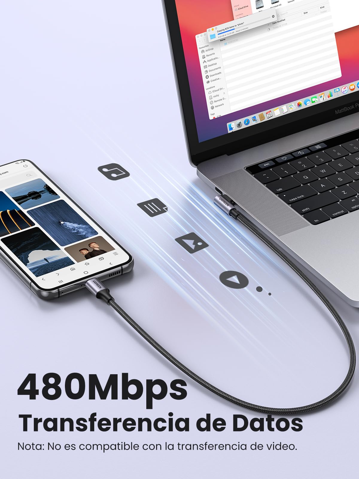 Cable USB C a C UGREEN Negro 90 Grados Carga Rápida 60W PD 1M Compatible con iPhone, Galaxy y Macbook Pro