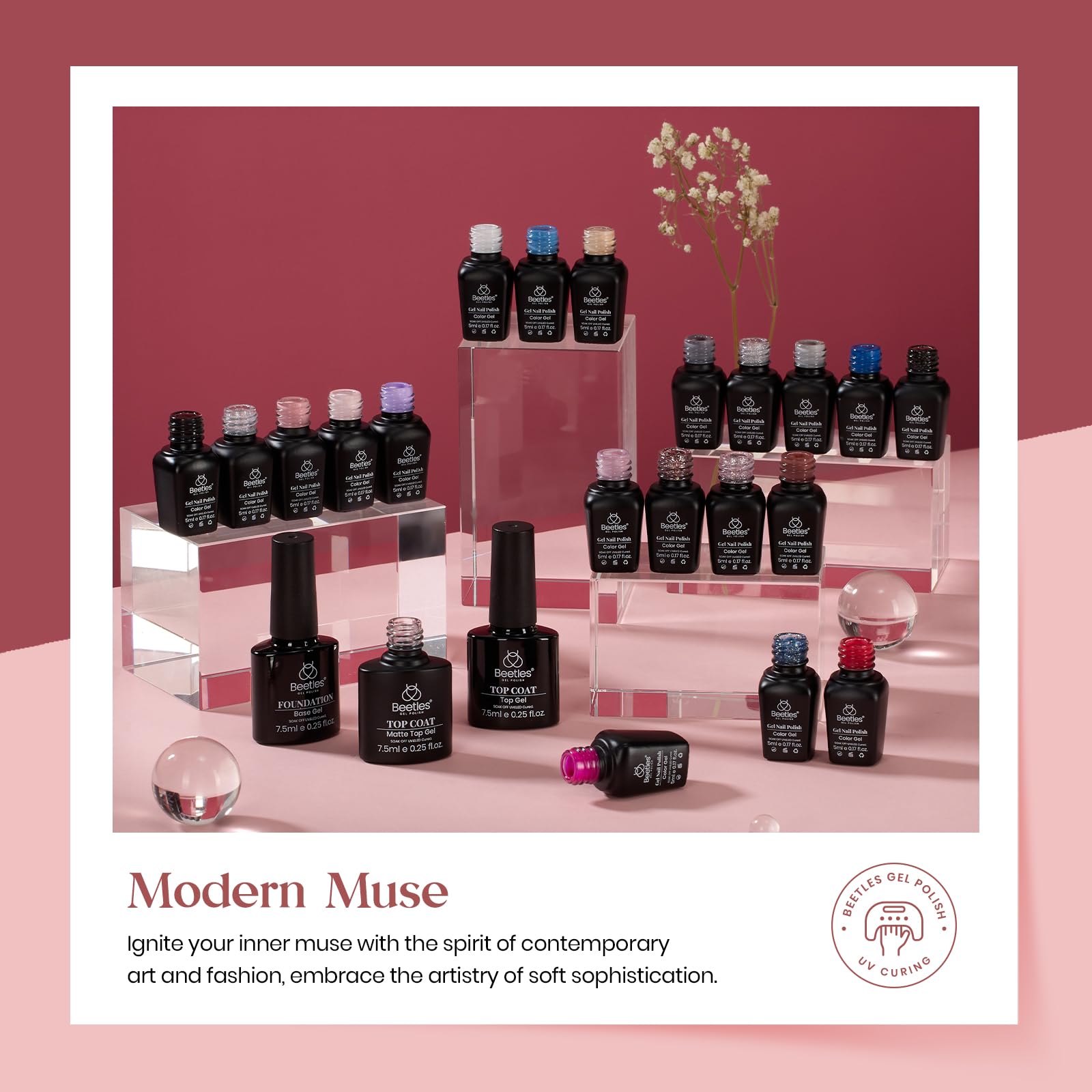 Beetles 23Pcs Gel Nail Polish Set with 3Pcs Base Matte Glossy Top Coat, Nude Gray Pink Blue Burgundy Glitter Gel Polish Kit Modern Muse Kit, Soak off Uv Gel Valentines Day Gift for Women