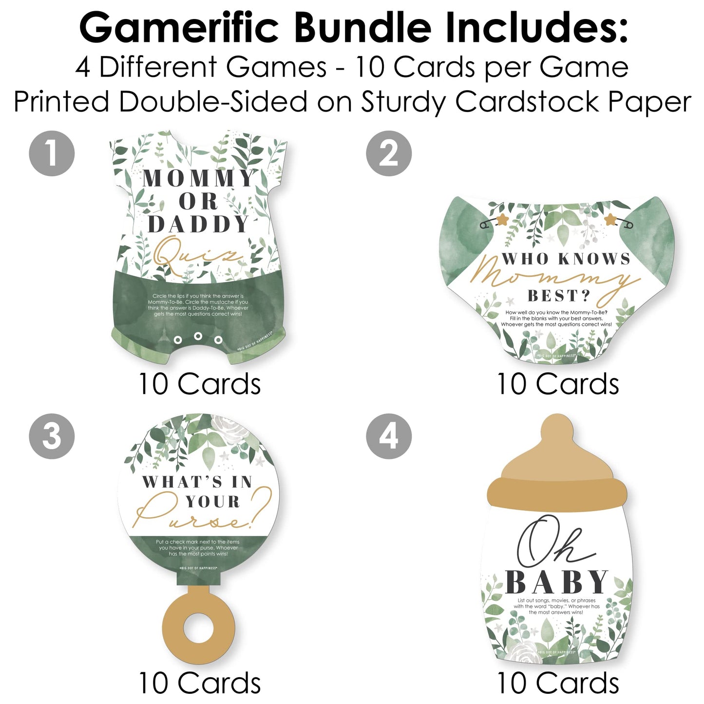 Big Dot of Happiness Boho Botanical Baby – 4 juegos de baby shower – 10 cartas cada una – Who Knows Mommy Best, Mommy or Daddy Quiz, What in Your Purse and Oh Baby – Paquete Gamerific