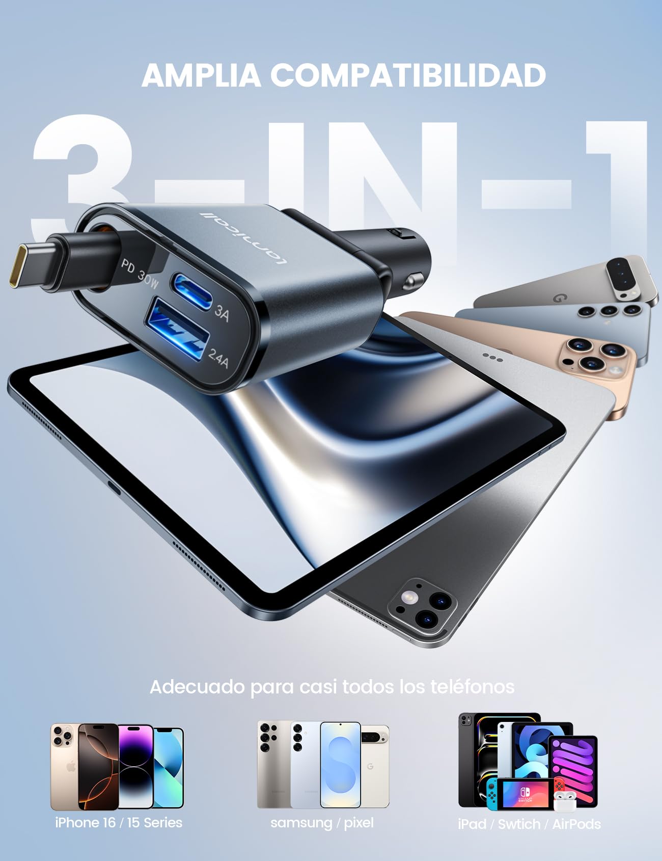 Lamicall 3 in 1 Retráctil Cargador para Auto -【Super Compacto】 57W Cargador para Carro Carga Rápida with Cable Tipo C/USB C/USB A, 12V/24V Socket for iPhone 16/15/14/13, Galaxy S25/S24 Ultra, Android
