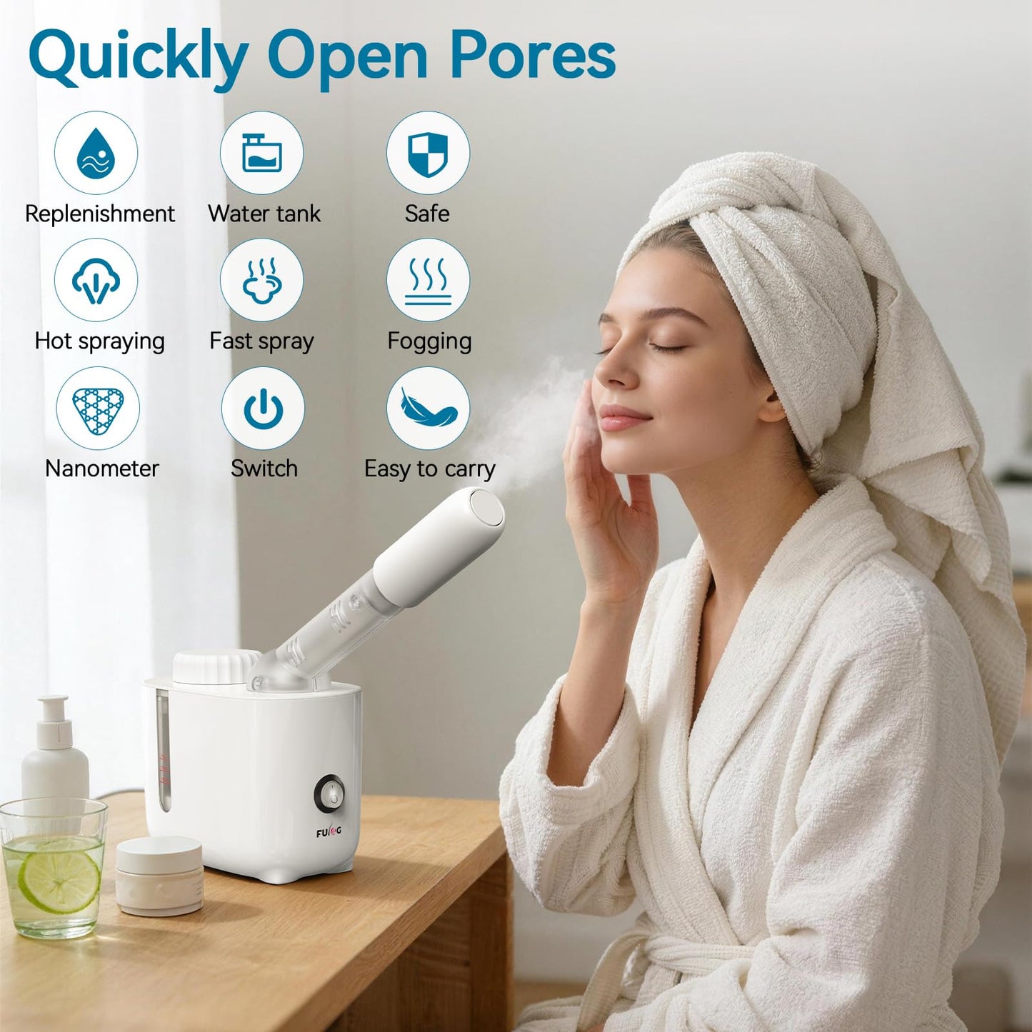 FULOG Vaporizador facial Fulog Nano Iónico con brazo giratorio de 360°, vaporizador facial para esteticistas para limpieza profunda, máquina facial portátil para spa en casa.