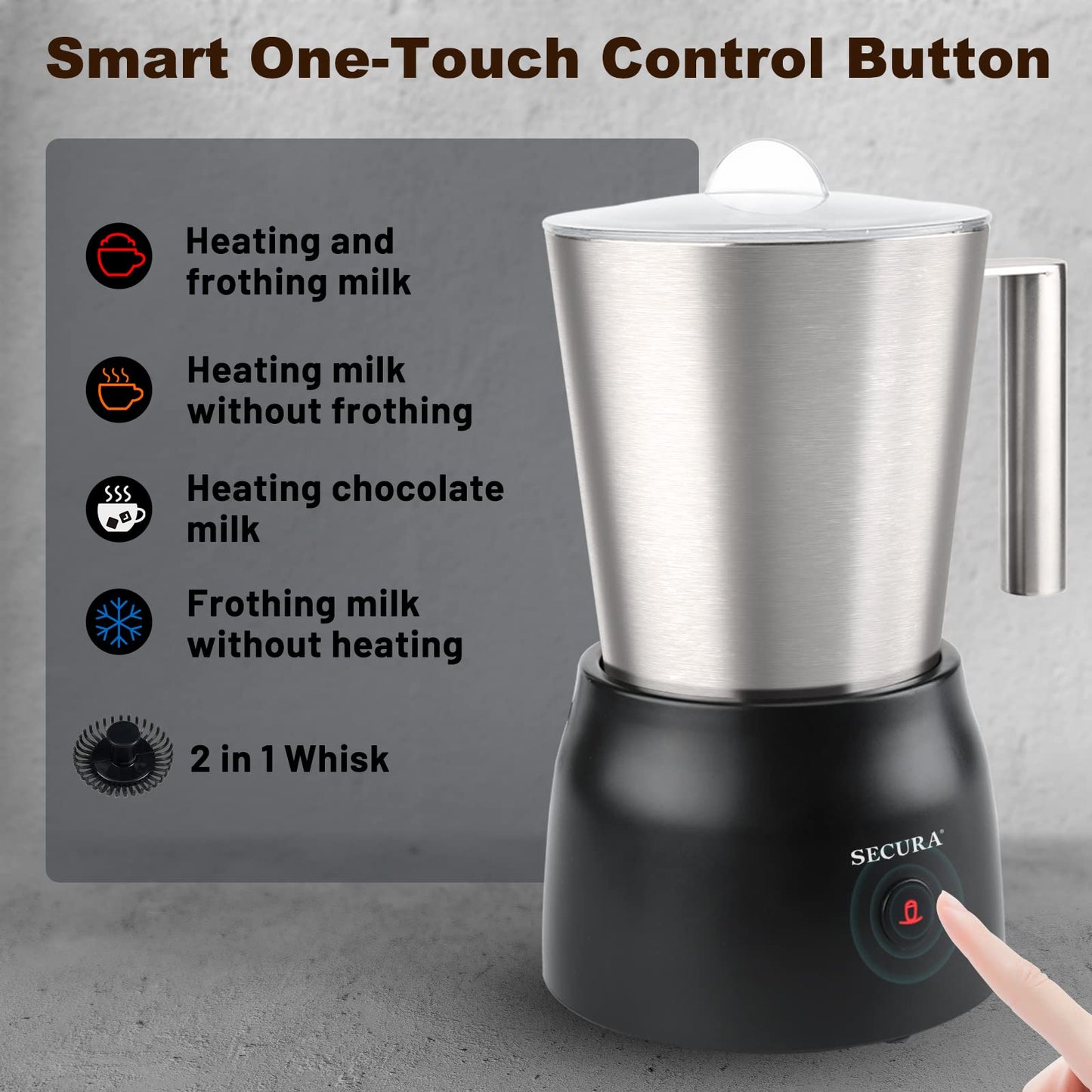 Espumador de Leche Secura Acero Inoxidable Desmontable con Vaporizador Eléctrico