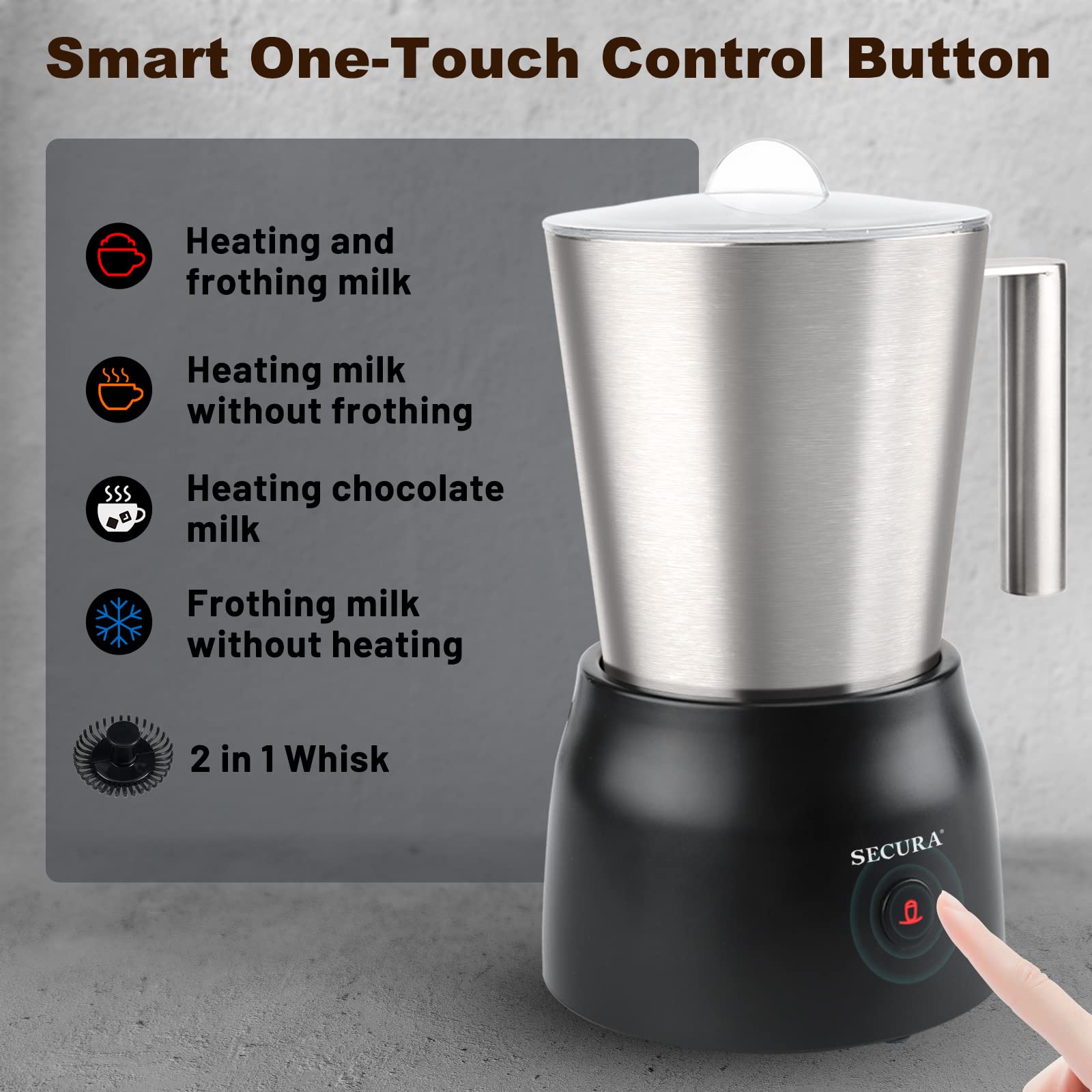 Espumador de Leche Secura Acero Inoxidable Desmontable con Vaporizador Eléctrico