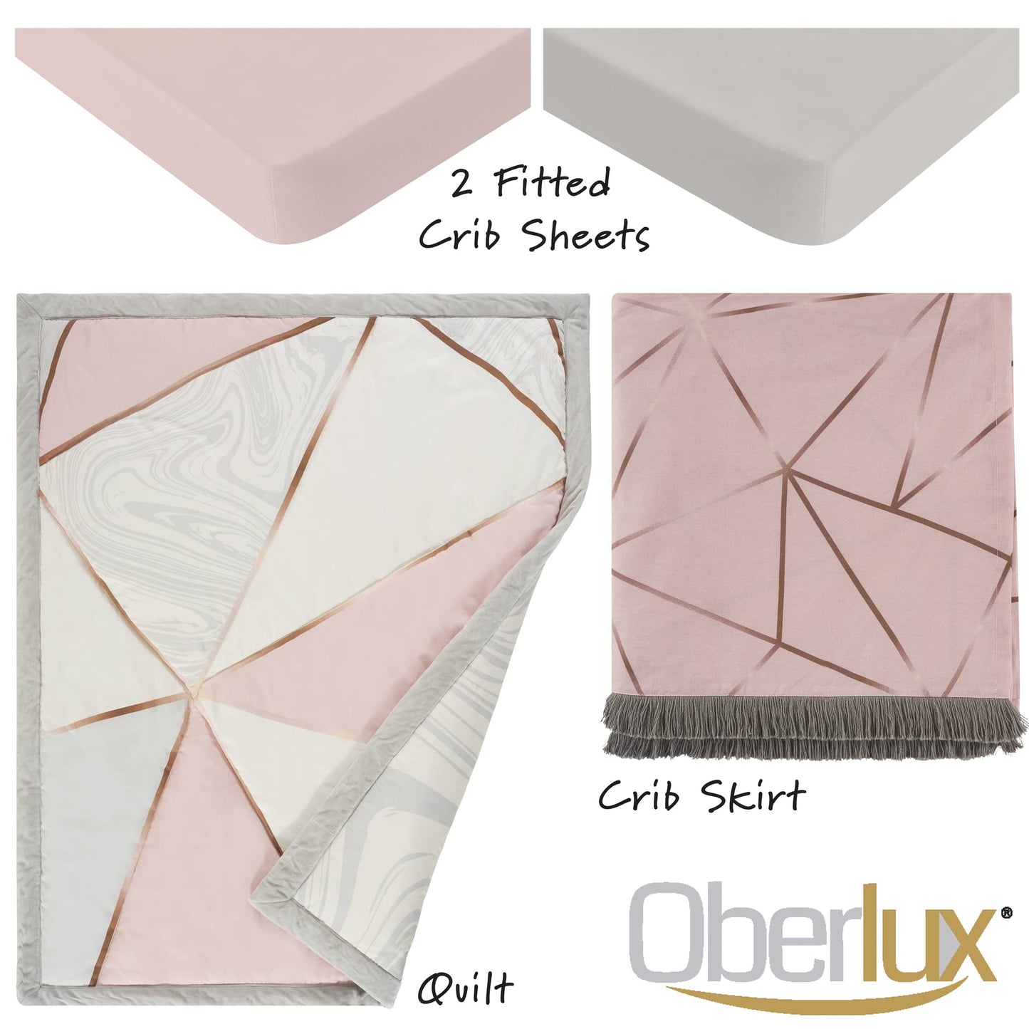 OBERLUX Juego de ropa de cama para cuna para niñas, juego de cama de 4 piezas, geométrico, oro rosa, rosa polvo y mármol, colección preciosa