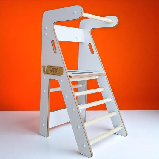 Torre de Aprendizaje ZALU Antiviral Nano Protech Personalizable en Blanco con Alturas Regulables Montessori Seguro