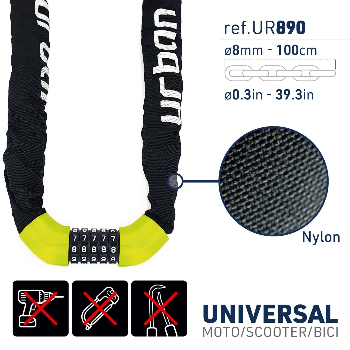 URBAN UR890 Candado de Bicicleta Cadena Antirrobo Moto con Combinación de Código de Seguridad y Funda Textil Bici Scooter Patinete Acero de Ø8 100cm