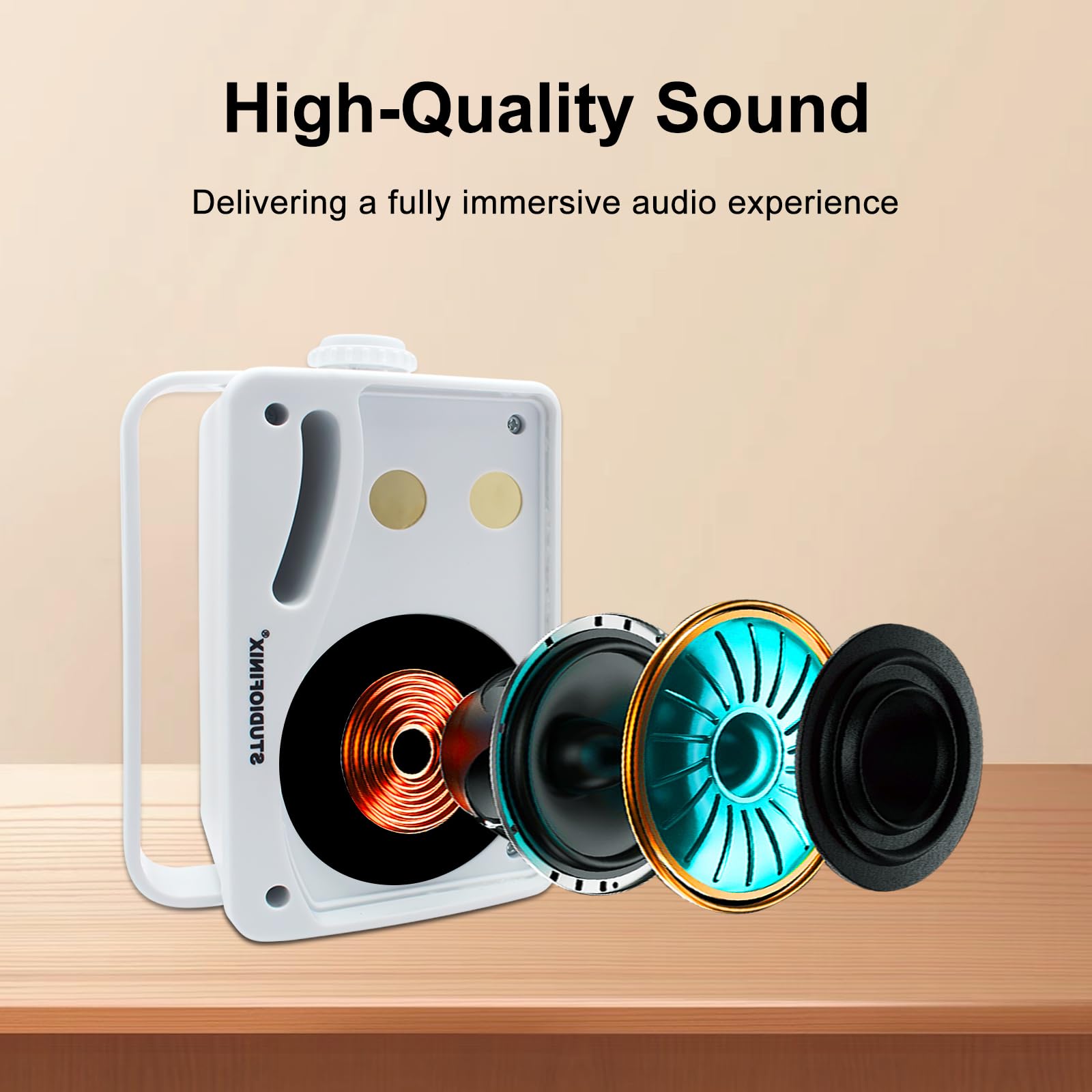 STUDIOFINIX - Altavoces Bluetooth para exteriores de 3.5 pulgadas, impermeables, cableados, 3 vías, 200 W, actualizados, altavoces de montaje en pared, ideal para uso en patio, cubierta, interior y