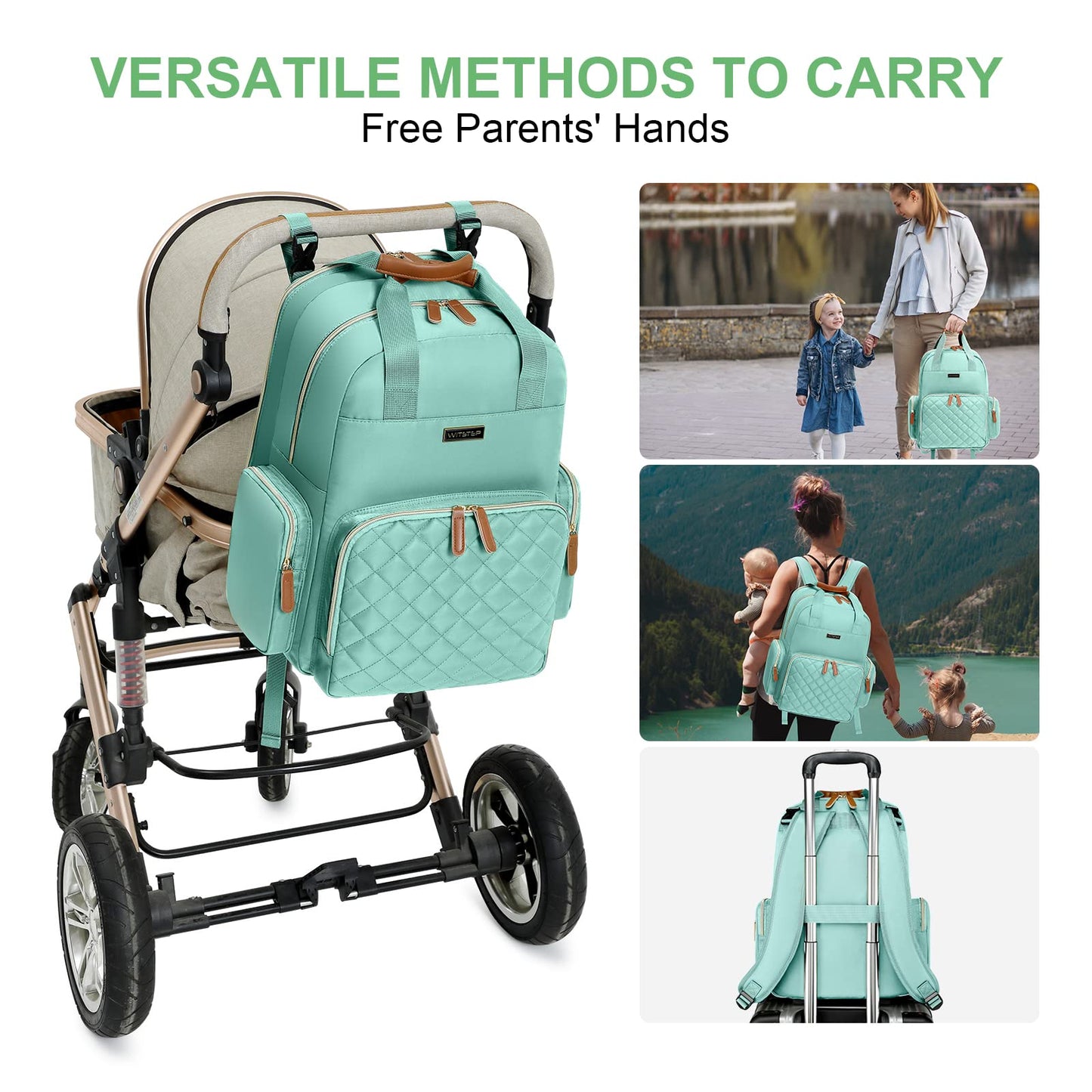 WITSTEP Bolsa de pañales para bebé con cambiador, mochila de viaje multifunción grande para bebé, Verde claro, Mochila para pañales con cambiador