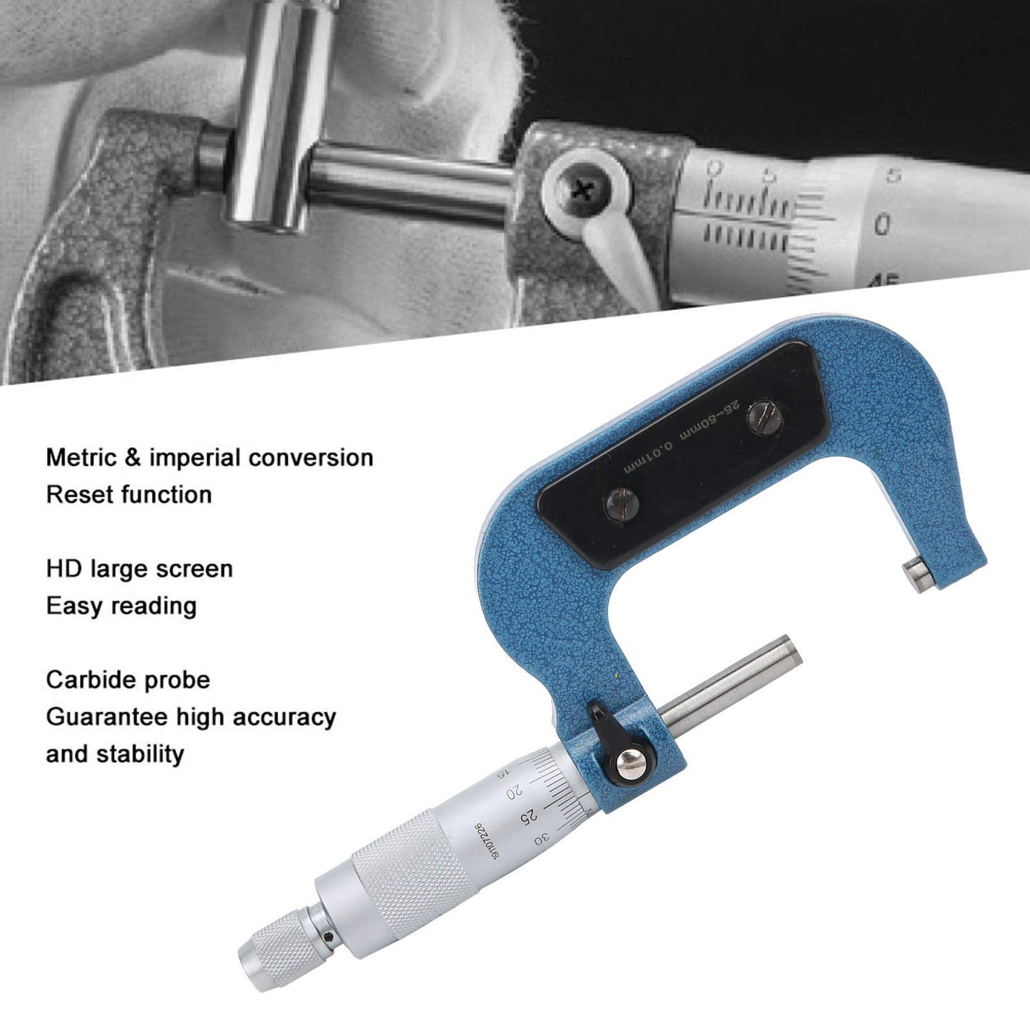 FTVOGUE Micrómetro 25-50 Mm / 1-2 Pulg., Calibradores de Medición Exteriores Micrómetro de Estructura Mecánica