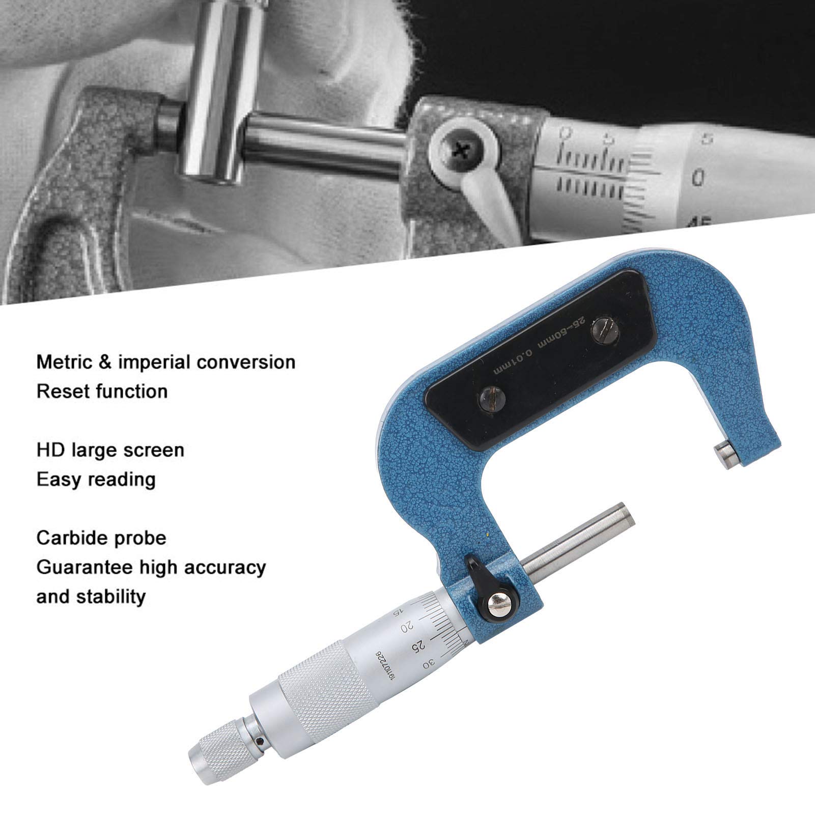 FTVOGUE Micrómetro 25-50 Mm / 1-2 Pulg., Calibradores de Medición Exteriores Micrómetro de Estructura Mecánica