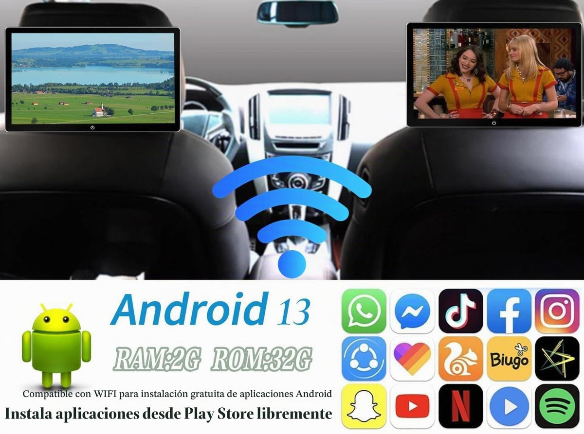 Monitor de Resposacabezas NOAUKA 4K Android 13 Negro con TV y Pantalla Táctil para Coche