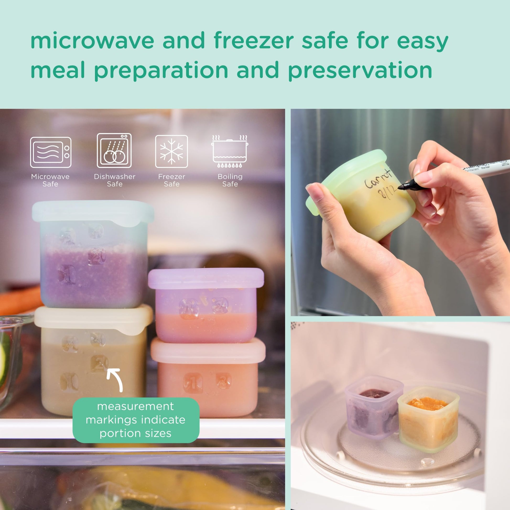 Olababy Clear Sense - Contenedores de almacenamiento de silicona, 4 unidades para alimentos de bebé, aperitivos, fórmula, puré, salsa y más, micro plástico y sin BPA, esenciales para la guardería para
