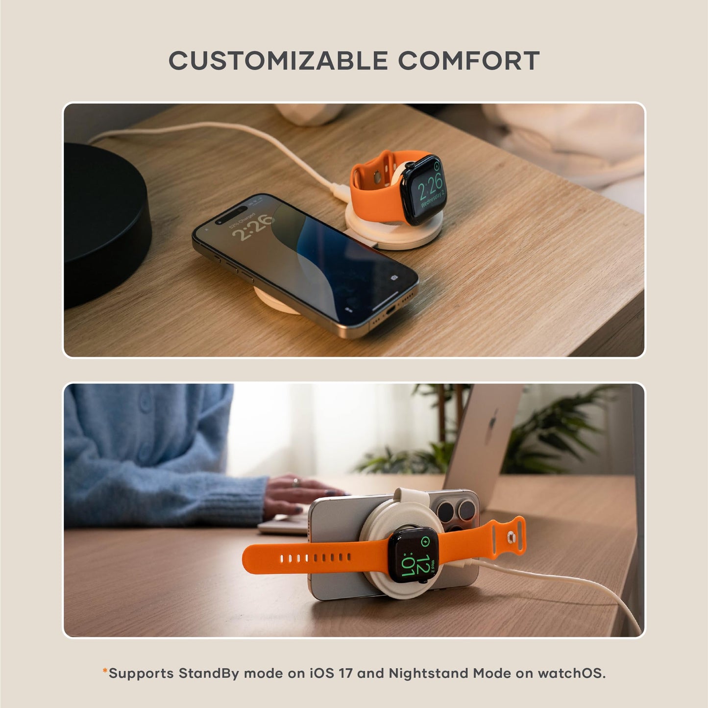 SATECHI OntheGo™ Cargador Inalámbrico 2 en 1, Cargador Portátil Qi2 con Carga Rápida de 15W para iPhone y 5W para Apple Watch, Estación de Carga Magnética de Viaje – Arena