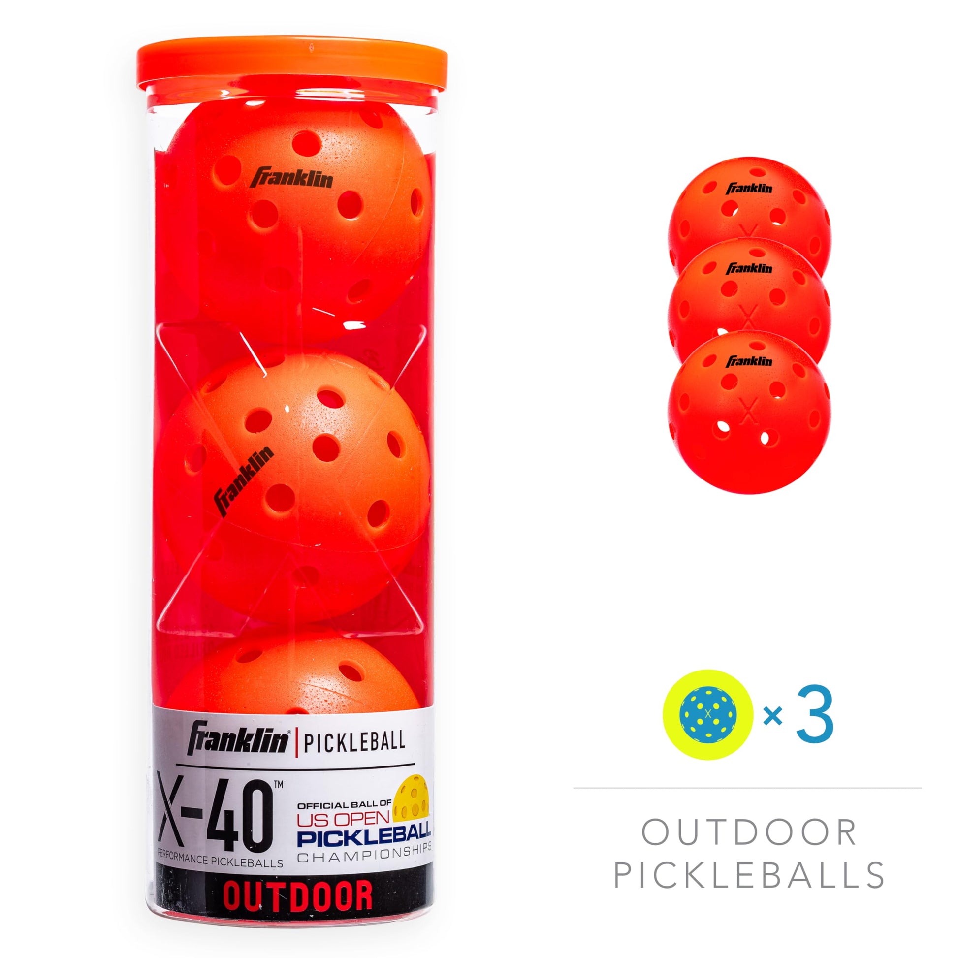 Franklin Sports - Bolas de Pickleball X-40 para Exteriores, aprobadas por Estados Unidos (USAPA) - Paquete de 3 Pickleballs Exteriores - Ember - Bola Abierta de Estados Unidos