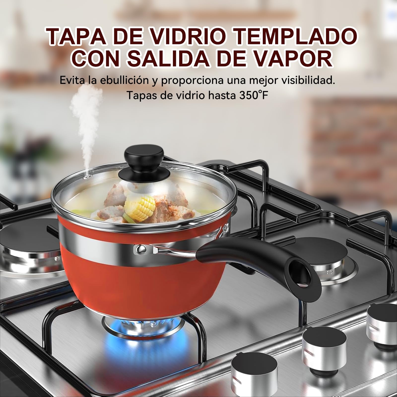 Batería de Cocina NOVRY rojo Antiadherente de Acero Inoxidable para Estufas de Inducción, Eléctricas y Gas 14 Piezas con Cuchillos