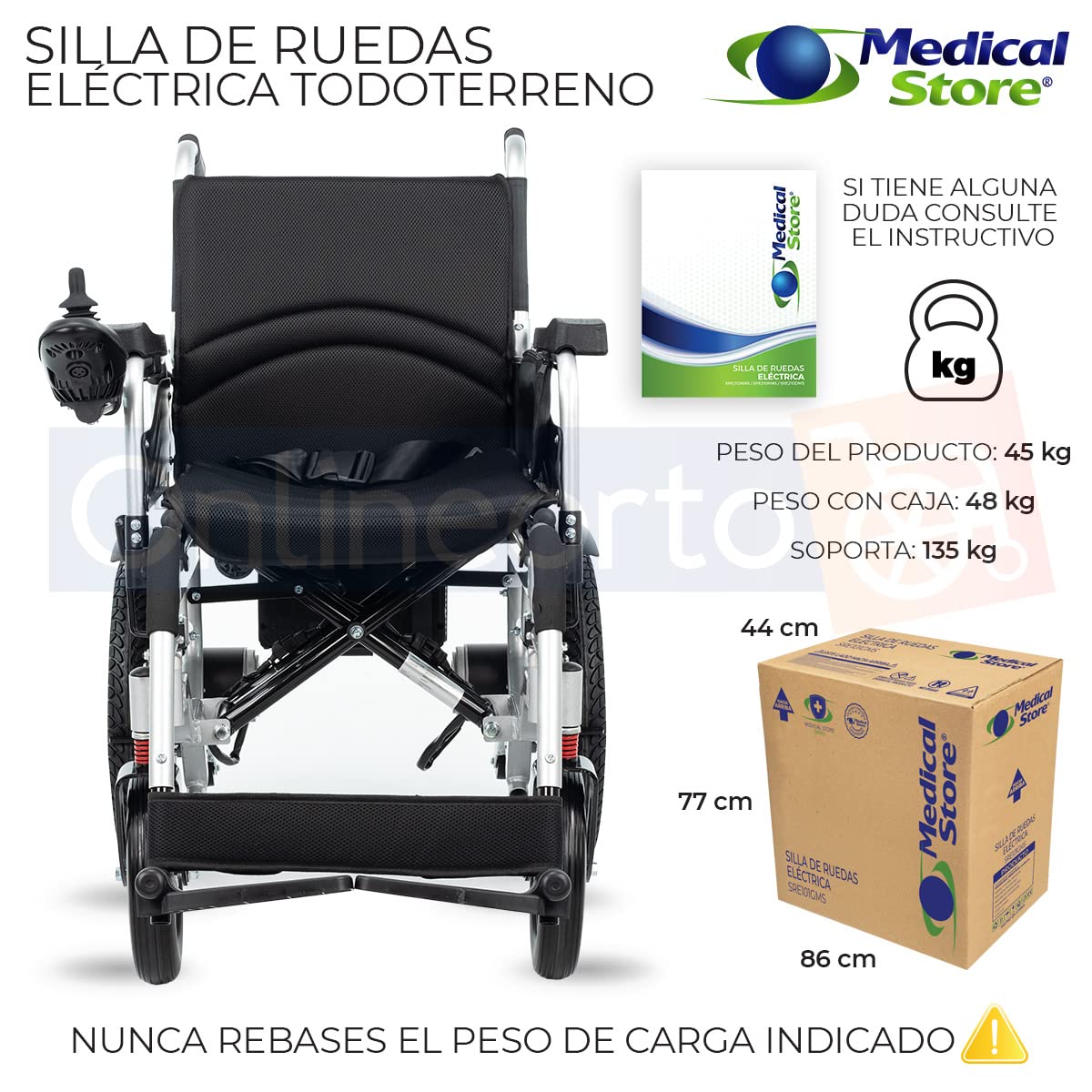 Silla de Ruedas Eléctrica Medical Store Negro de Acero Alta Resistencia con Cinturón y Joystick