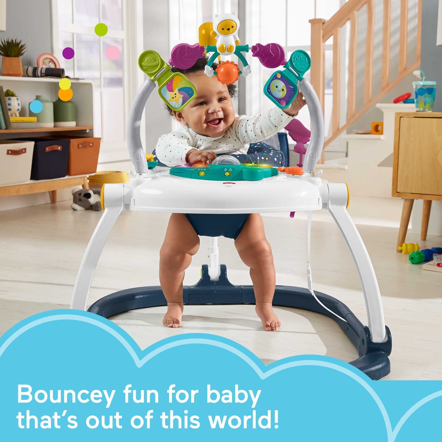 Fisher-Price Jumperoo - Centro de actividades para bebés con luces y sonidos, Astro Kitty SpaceSaver