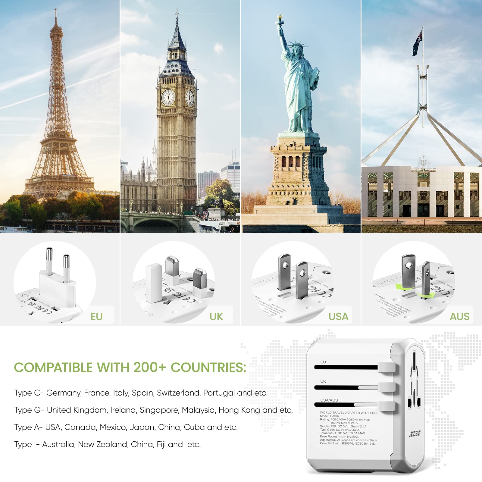 LENCENT Adaptador Universal de Viaje, 17.5W Adaptador de Corriente Europeo con 4 Puertos USB (1 UBS C), Travel Essentials para el Reino Unido, Europa, Americano, Argentina, Australia, Blanco