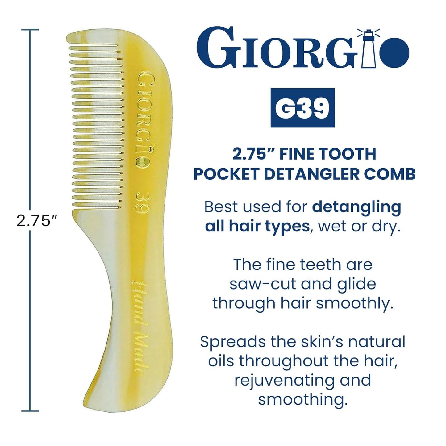 Giorgio G39 Extra Small 2.75 Inch Men's Fine Toothed Beard and Mustache Comb for Facial Hair Grooming and Styling. Wallet Pocket Comb Handmade of Quality Durable Cellulose, Saw-Cut and Hand Polished