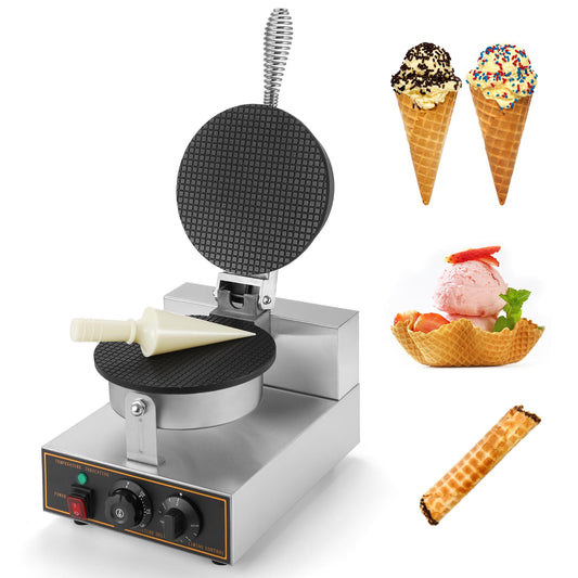 IRONWALLS - Máquina para hacer conos de gofres, de acero inoxidable de 110 V 1200 W con bandeja antiadherente para hornear de 8.3 pulgadas, control de temperatura y tiempo para restaurante
