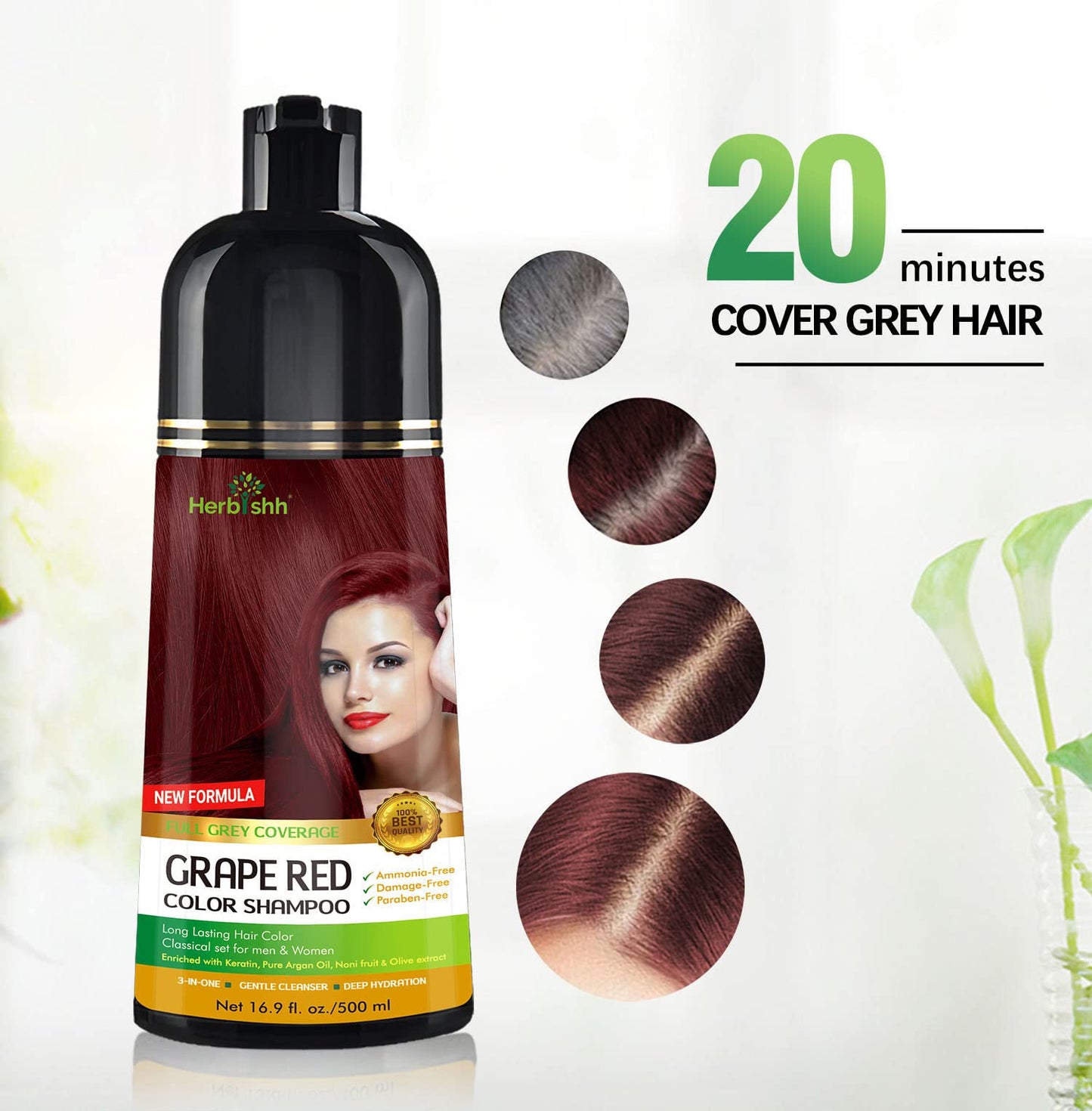 Herbishh - Champú colorante para cabello gris, champú con tinte natural para el cabello, colorea el cabello en minutos