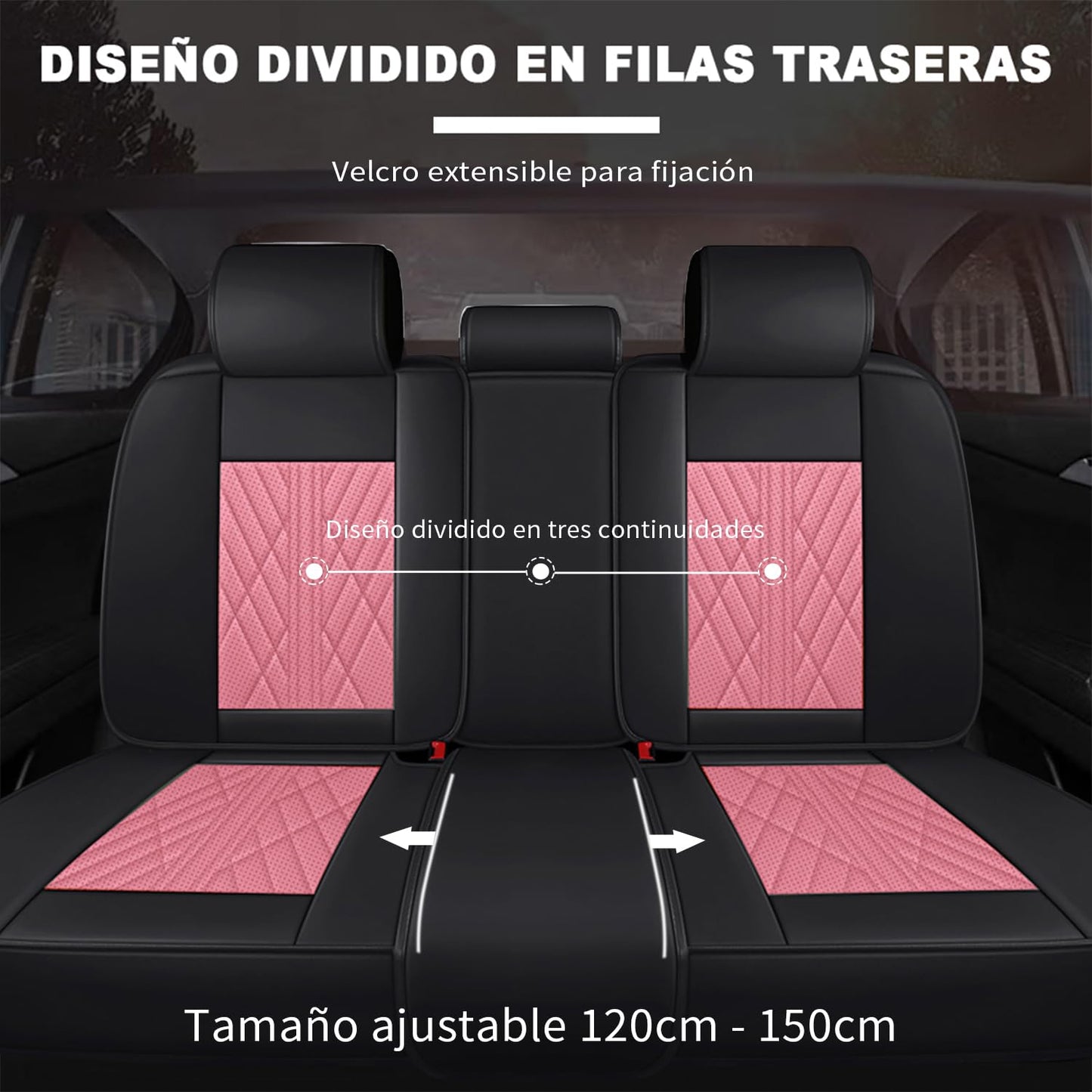 OFFCEI Fundas para Asientos de Cuero Impermeable y Lavable, Universal para Coches Medianos/Pequeños de 5 Plazas/SUV (Negro y Rosa)