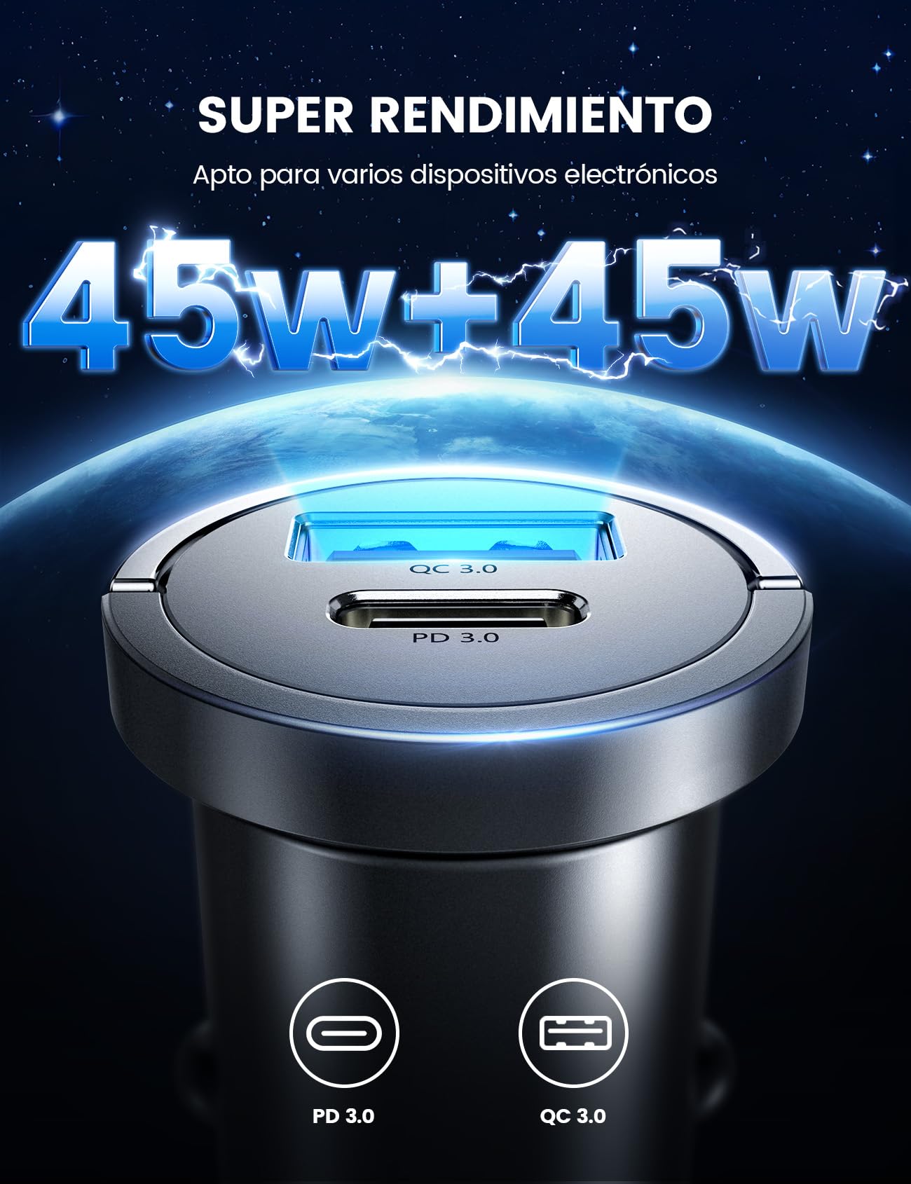 Lamicall 45W Cargador para Auto - Super Mini Todo Metal [45W USB C + 45W USB A] PD & QC 3.0, 24 V/12 V Cargador para Carro Carga Rapida para iPhone 16/15/14 (MX)
