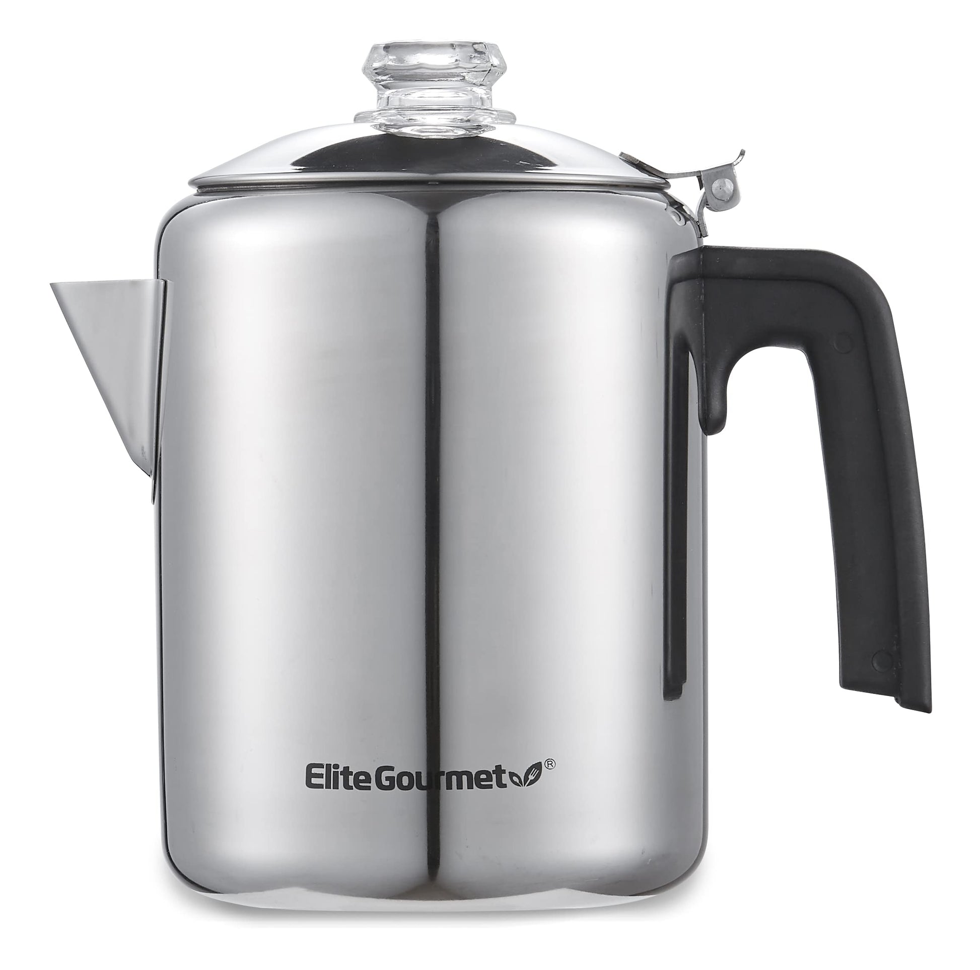 Elite Gourmet EC008 - Percolador de café clásico para estufas, perilla de progreso de cerveza transparente, mango de tacto fresco, servicio inalámbrico, 8 tazas, acero inoxidable