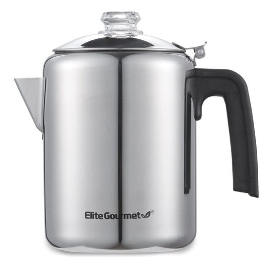 Elite Gourmet EC008 - Percolador de café clásico para estufas, perilla de progreso de cerveza transparente, mango de tacto fresco, servicio inalámbrico, 8 tazas, acero inoxidable