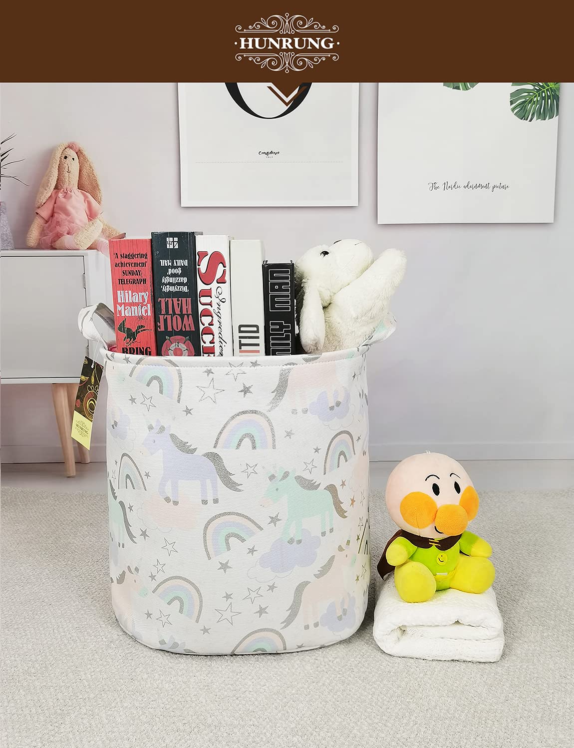 HUNRUNG - Cesta organizadora para la Colada de tamaño Grande, cestas Redondas de Regalo, Resistente al Agua y Plegable, Bolsa de Tela de algodón para guardería, Juguetes, Sala de Juegos