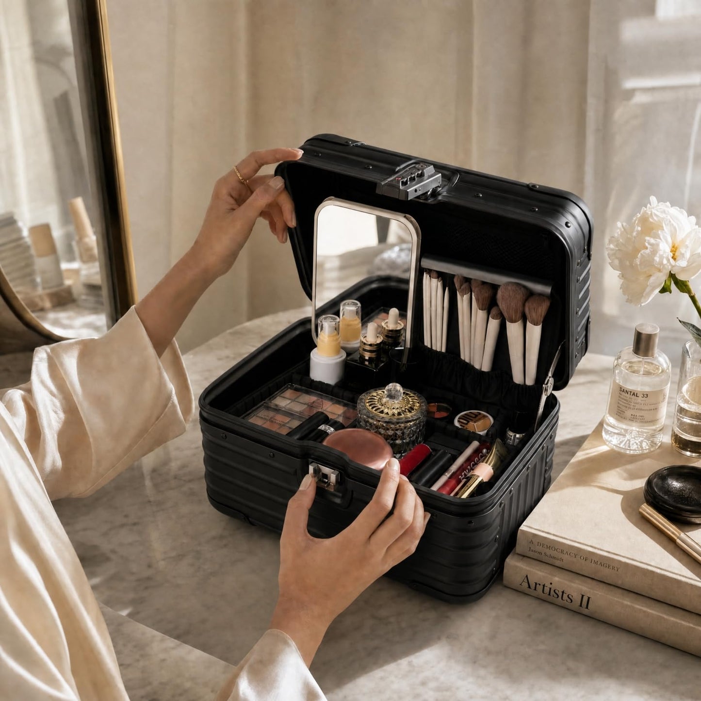 Perle Path - Funda de aluminio para tren de maquillaje, carcasa dura, organizador de cosméticos con bloqueo TSA, estuche profesional de almacenamiento de cosméticos de metal, estuche portátil para