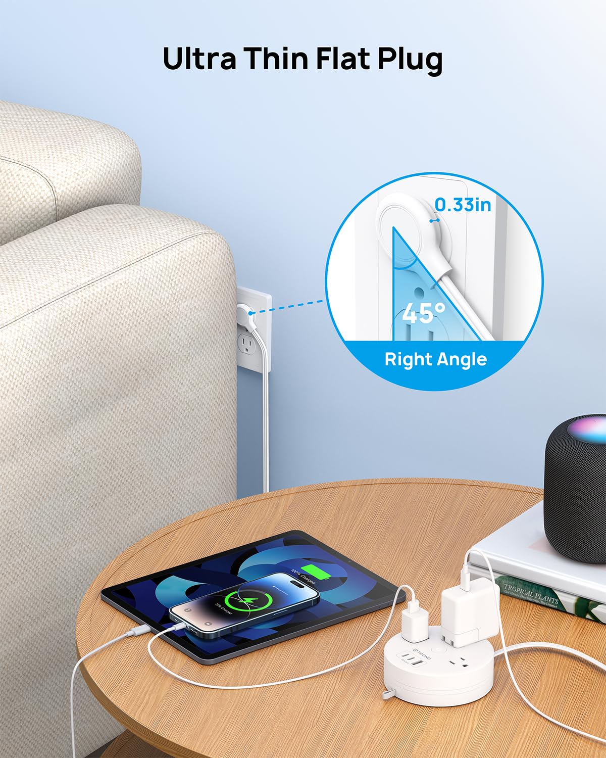 TROND Regleta de Viaje retráctil, Enchufe Plano Ultrafino retráctil, Cable de extensión semirretráctil de 3 m, regleta con 3 Tomas de CA 3 USB (2 USB C), Elementos Esenciales para cruceros
