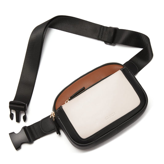 CLUCI - Riñonera para mujer, mini bolso cruzado en todas partes, correa ajustable, piel vegana, riñonera para mujer, A-1 Negro y café con Blanquecino, Una talla