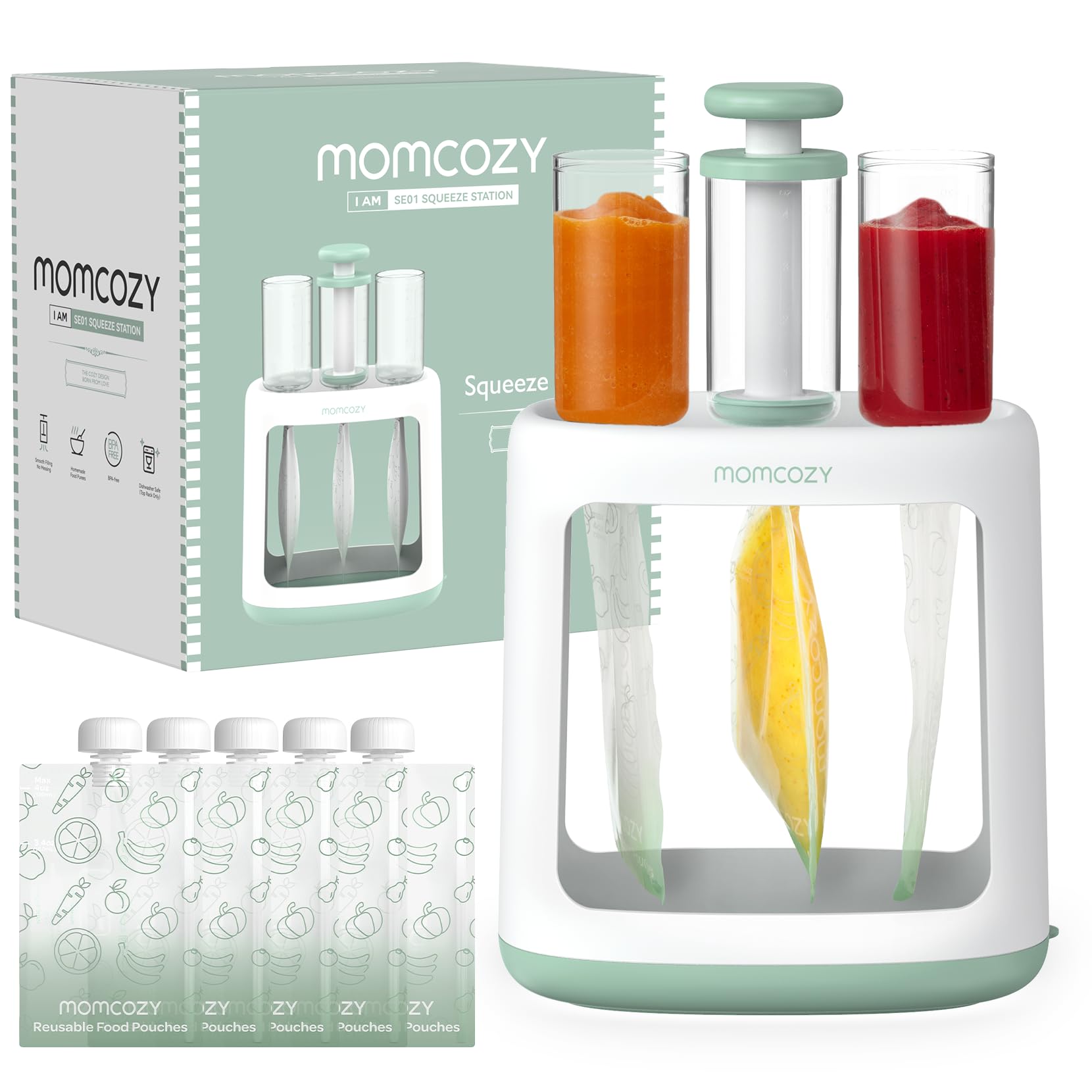 Momcozy – Estación de Compresión y Rellenado para Comida de Bebé y Purés Caseros, Libre de BPA, Apta para Lavavajillas, con Bolsas Reutilizables para Bebés y Niños Pequeños, Fácil y Práctico