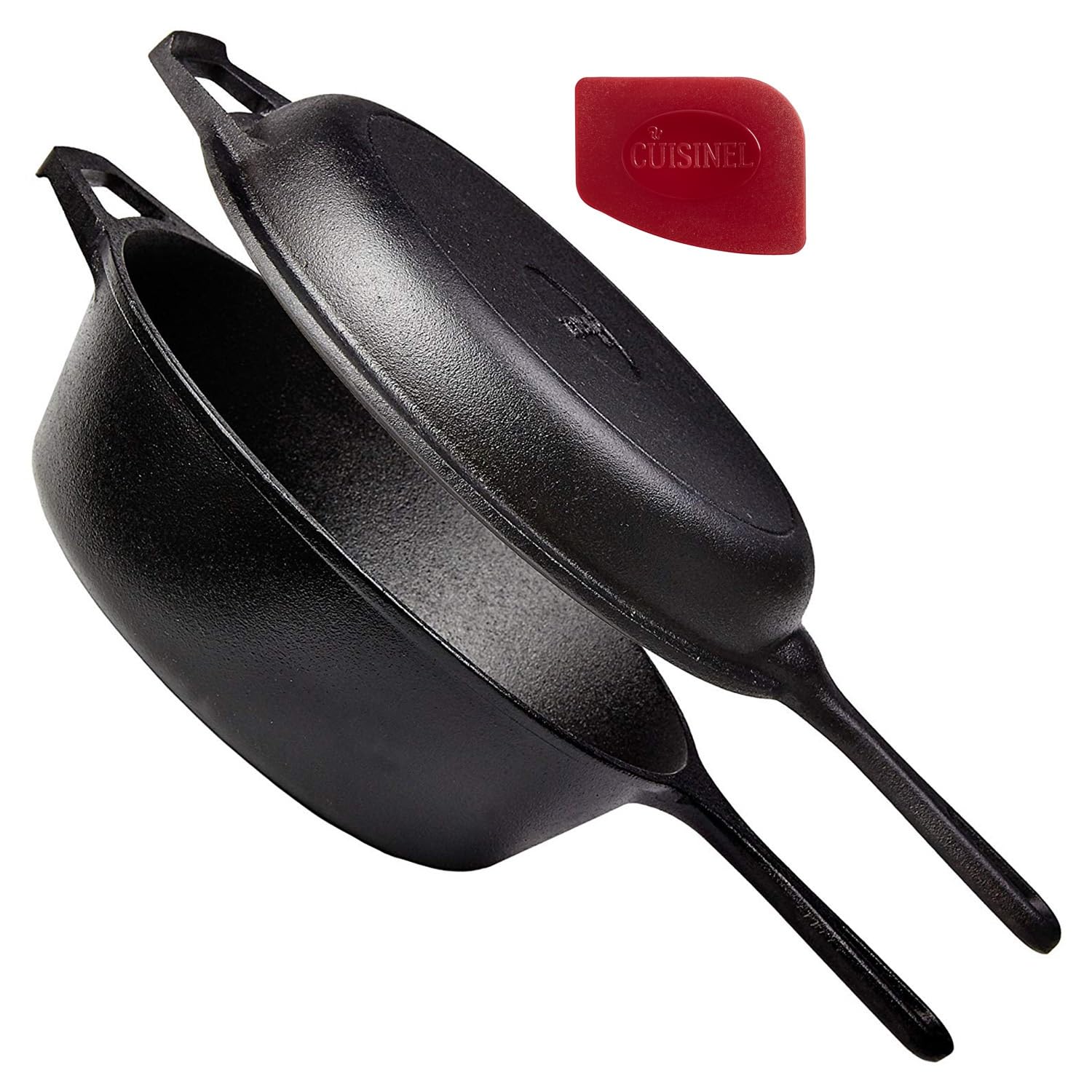 Cuisinel - Sartén de hierro fundido + tapa, 2 en 1, olla profunda + sartén, horno holandés de 3 cuartos de galón, utensilios de cocina presazonados, funciona para pan, interiores y exteriores,