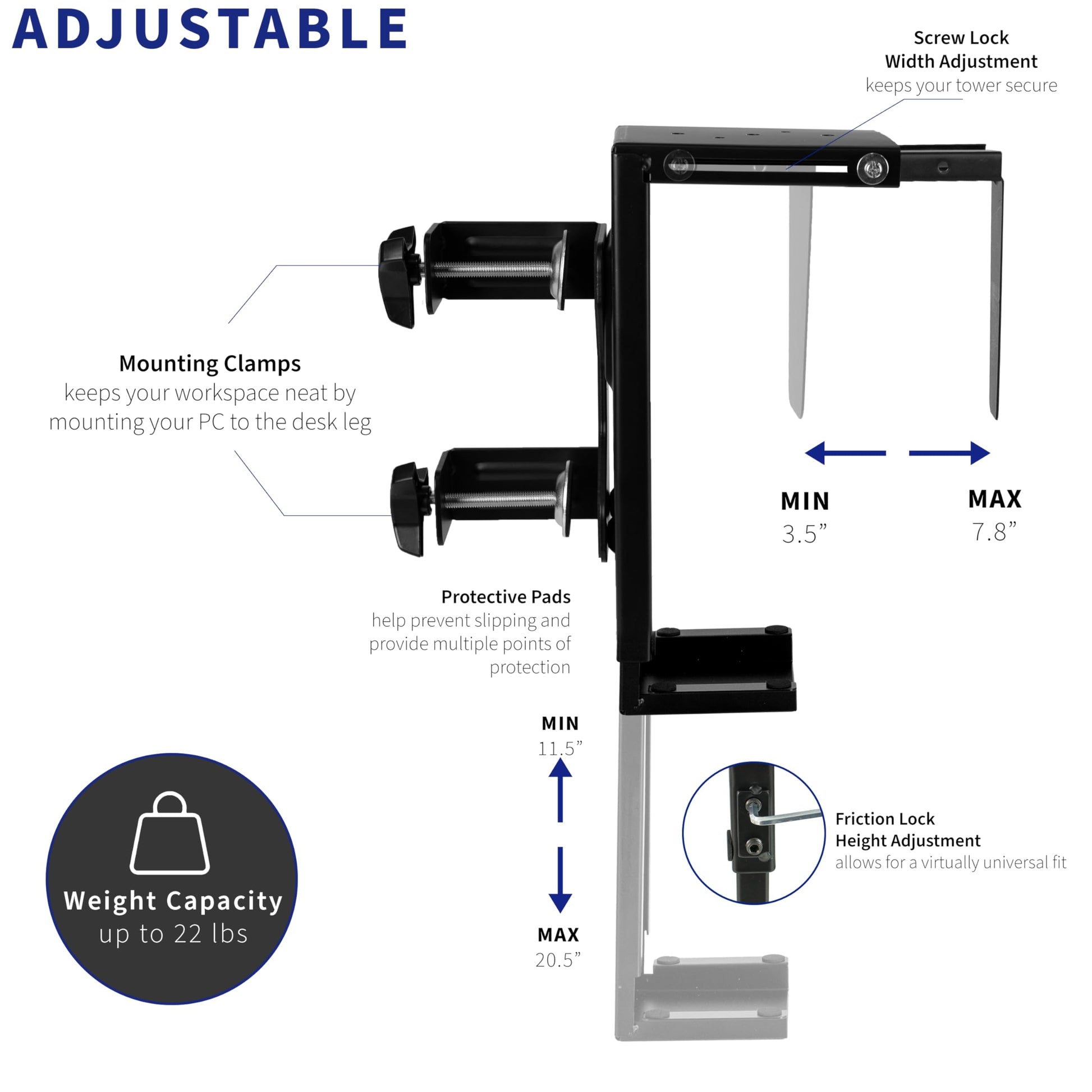 Soporte ajustable VIVO negro con abrazadera para computadora y CPU
