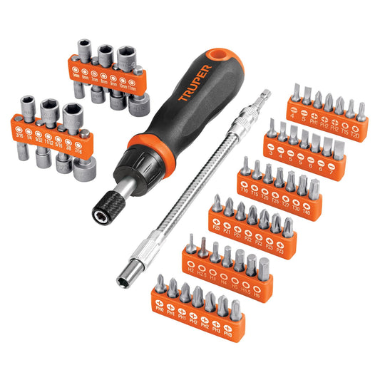 Desarmador Tipo Matraca Truper Naranja con 42 Puntas y 14 Dados