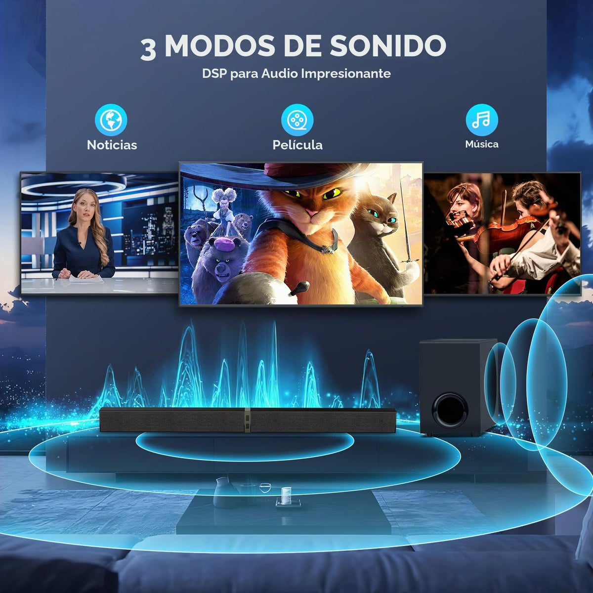 Barra de Sonido MZEIBO Negra 120 W con Subwoofer y Bluetooth 5.3 para Smart TV Surround Sound Sistema de Cine en Casa